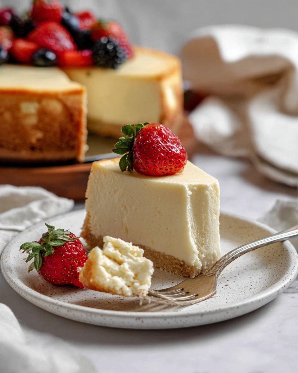 A creamy cheesecake with a thick, slightly browned outer crust and a smooth pale yellow inside layer. A slice is lifted, showing the dense, soft texture. On top of the cheesecake is a cluster of fresh bright red strawberries, dark blueberries, and red raspberries lightly dusted with powdered sugar. The cheesecake sits on a white marbled surface with scattered fresh berries and a wooden board blurred in the background. Photo taken with an iphone --ar 4:5 --v 7