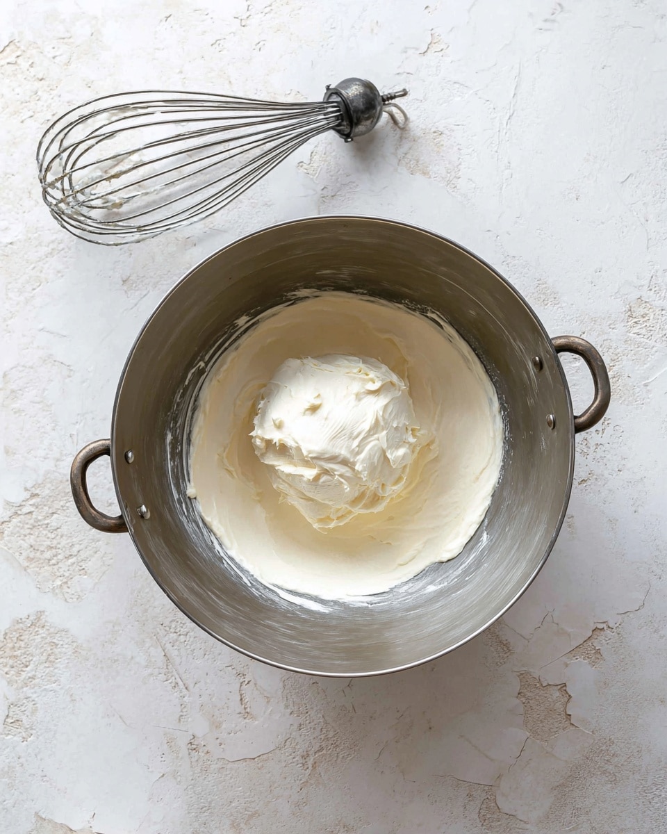 A large round metal bowl holds a single scoop of smooth, white cream cheese in the middle. The bowl shows faint scratches and has two small metal handles on opposite sides. Above and slightly to the left of the bowl is a large metal whisk resting on a white marbled surface that covers the whole background. The scene is lit softly from the left side, creating gentle reflections on the bowl. photo taken with an iphone --ar 4:5 --v 7