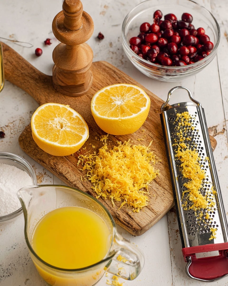 The image shows a wooden cutting board on a white marbled surface, featuring a halved bright yellow citrus fruit with its fibrous inside visible, next to a wooden citrus juicer on the left. In front of the fruit halves is a pile of finely grated yellow zest, and to the right lies a metal grater with black and red handle, partly covered with zest. At the bottom, there is a glass measuring cup filled with freshly squeezed yellow juice. A glass bowl with red cranberries and a white bowl with white sugar are placed on the marbled surface nearby. Photo taken with an iphone --ar 4:5 --v 7