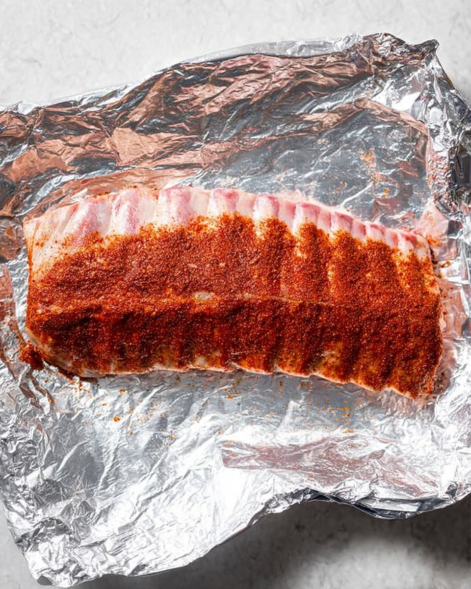 A raw rack of ribs lies flat on a sheet of shiny silver aluminum foil, centered in the image. The ribs have a light pink color with some white fat visible along the edges. A thick layer of reddish-brown dry spice rub is spread evenly across the top of the ribs, covering the entire surface from end to end. The foil underneath is crinkled and reflective, resting on a white marbled surface that fills the background. photo taken with an iphone --ar 4:5 --v 7