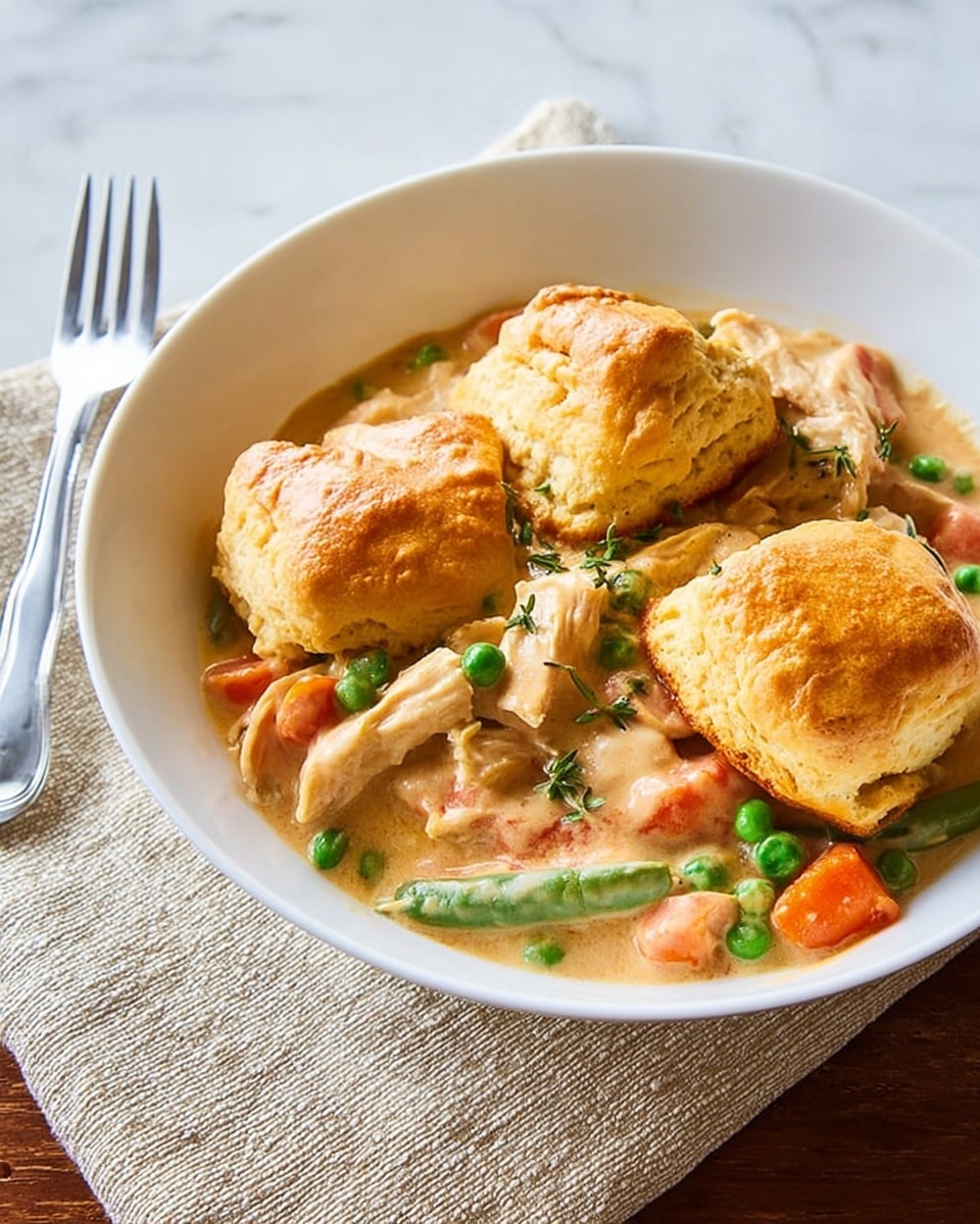 The image shows a white bowl filled with a creamy stew that has several colorful ingredients. At the bottom layer, there is a mix of thick sauce with light orange and beige tones, with chunks of light brown chicken, bright orange carrot pieces, green peas, and green beans mixed in. On top of the stew, there are four golden-brown biscuit pieces, with a slightly shiny and crispy texture. The bowl rests on a white marbled surface, and a silver fork is placed to the left side of the bowl on a beige textured cloth. Photo taken with an iphone --ar 4:5 --v 7