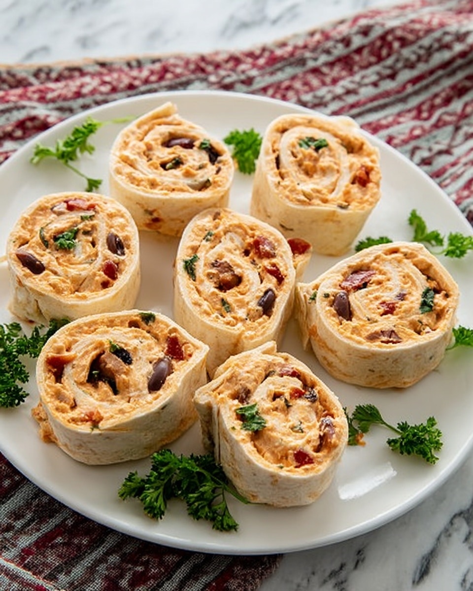 The image shows a white plate with nine pinwheel-shaped rolls arranged in a loose circle. Each roll has an outer layer of a soft, pale tortilla wrapping around a creamy orange filling mixed with dark brown bits, likely olives or beans, and small red bits that look like tomatoes or peppers. There are small green parsley leaves scattered around the rolls on the plate for decoration. The plate sits on a white marbled surface with a patterned cloth in red, gray, and white colors partially visible beside it. photo taken with an iphone --ar 4:5 --v 7