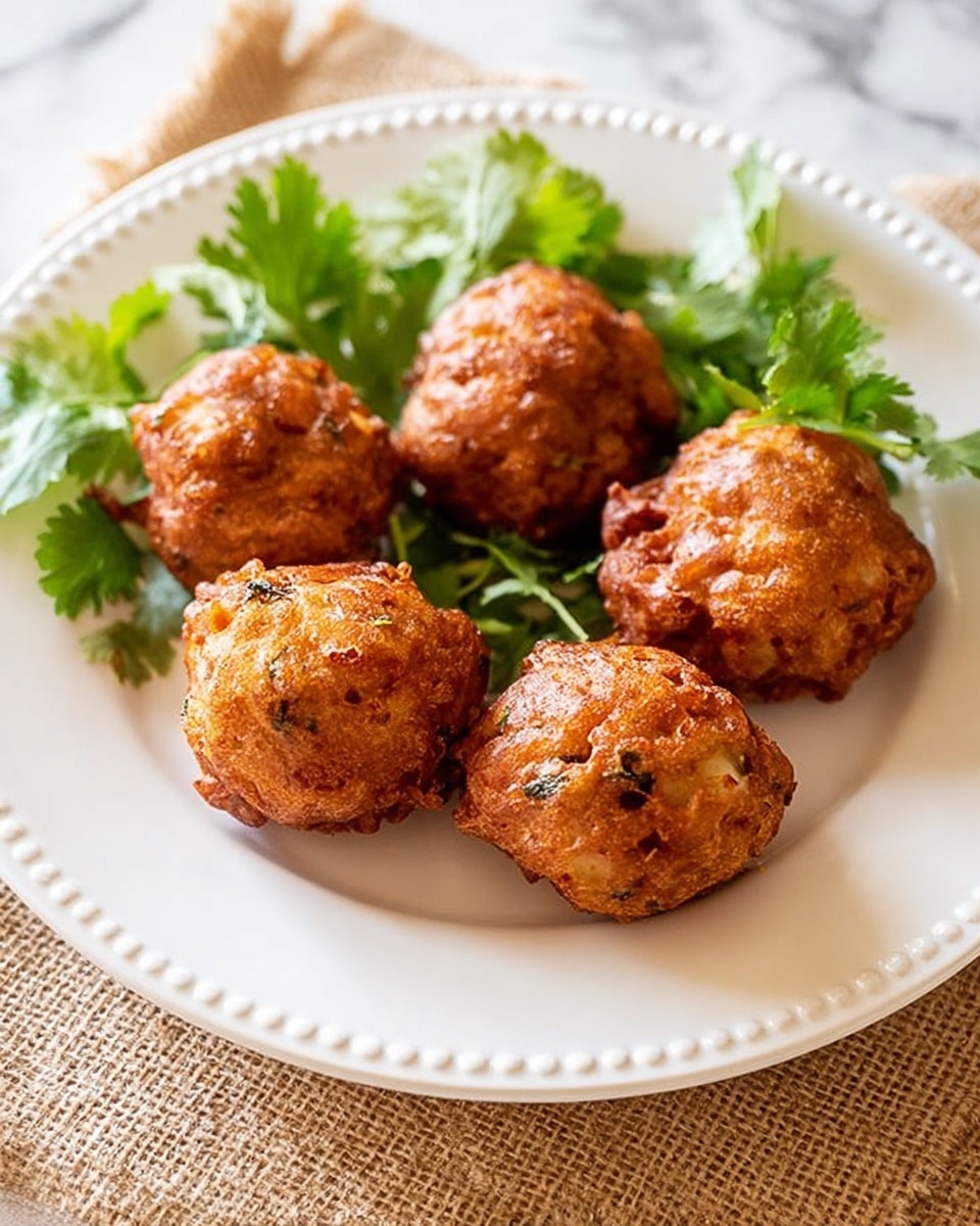 A white plate with a beaded edge holds five round, golden-brown deep fried fritters arranged in a loose circle. The fritters have a rough, crispy texture with a slightly reddish hue and bits visible inside them. At the top of the plate, fresh green cilantro leaves add a bright contrast. The plate sits on a beige burlap cloth with a white marbled surface beneath it in the background. photo taken with an iphone --ar 4:5 --v 7