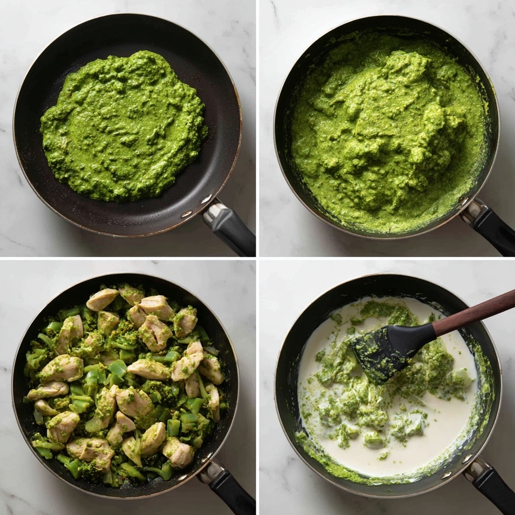 A black pan filled with cooked white chicken pieces is topped with a mound of vibrant green sauce in the first image. The second image shows the same black pan with the chicken covered evenly in a thick green sauce being stirred with a black spatula. In the third image, a woman's hand is pouring white cream into the black pan, where the thick green sauce and chicken mix simmers. The last image features the finished dish in the black pan, showing green vegetables and chicken pieces mixed in a creamy green sauce, with the black spatula resting on the pan over a white marbled surface. photo taken with an iphone --ar 4:5 --v 7