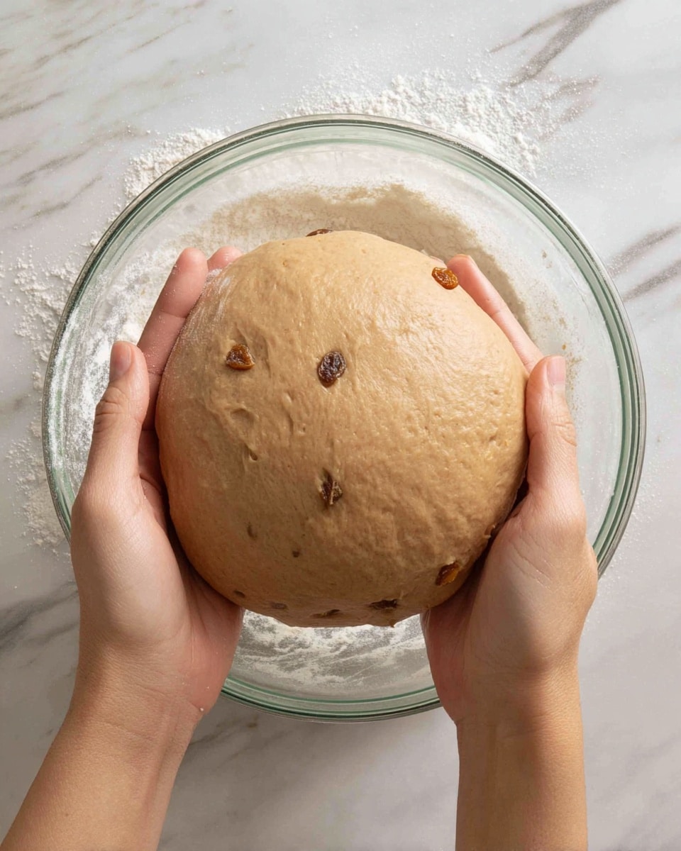 A pair of woman's hands hold a round ball of dough that has a light brown color and a smooth texture with raisins embedded in it. The dough is slightly shiny and soft, showing small air bubbles and a few faint orange specks. It is held above a clear glass bowl that has some flour dust on the inside. The scene is set on a white marbled surface. Photo taken with an iphone --ar 4:5 --v 7