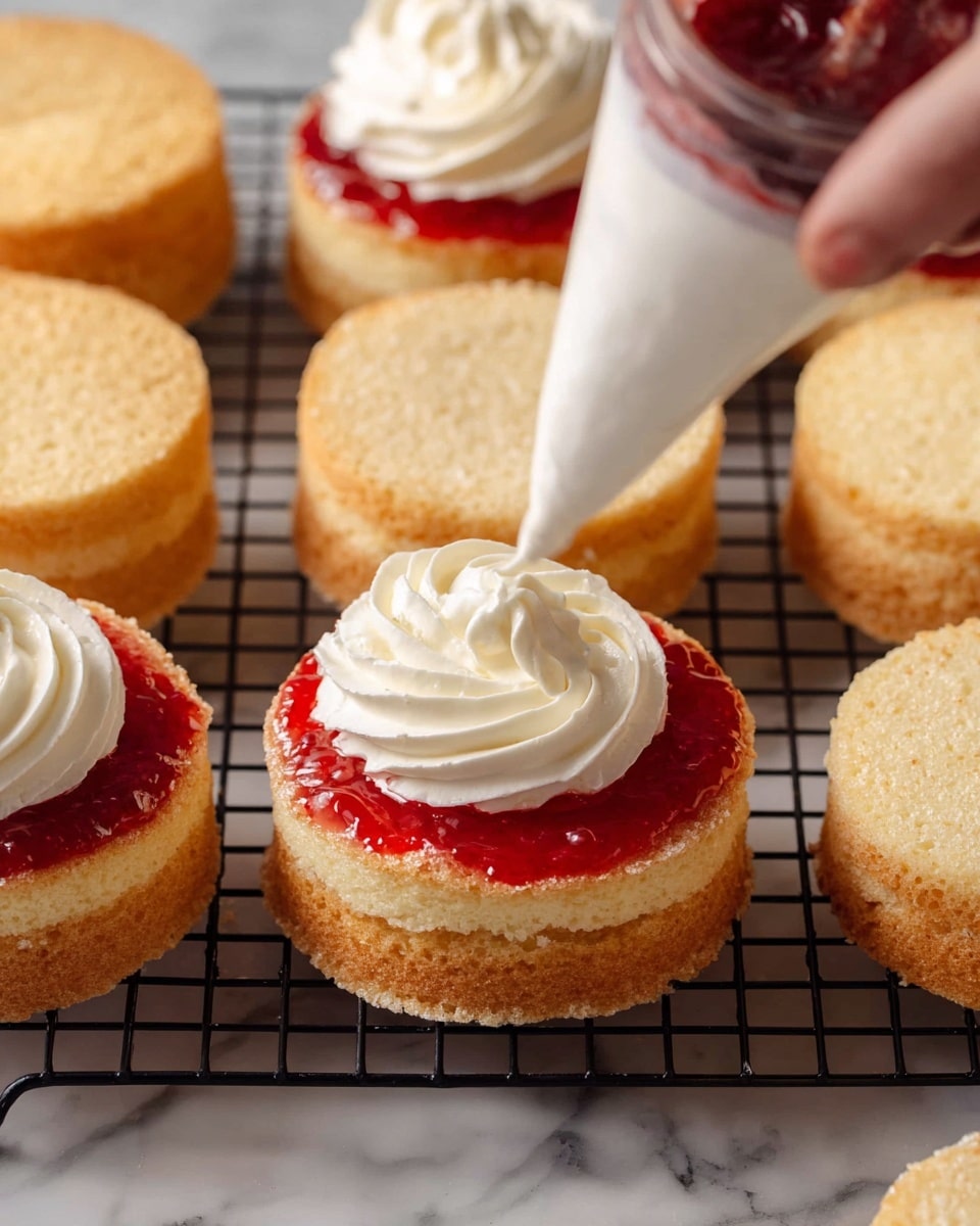 Several round sponge cake layers are placed on a black metal cooling rack over a white marbled surface. Some sponge cakes have a layer of bright red strawberry jam spread on top, showing a glossy, slightly textured surface. On one sponge with jam, a woman's hand holds a piping bag, adding a white, swirled whipped cream topping with soft texture to form a decorative spiral. The sponge cakes have a light brown golden color and porous texture. Photo taken with an iphone --ar 4:5 --v 7