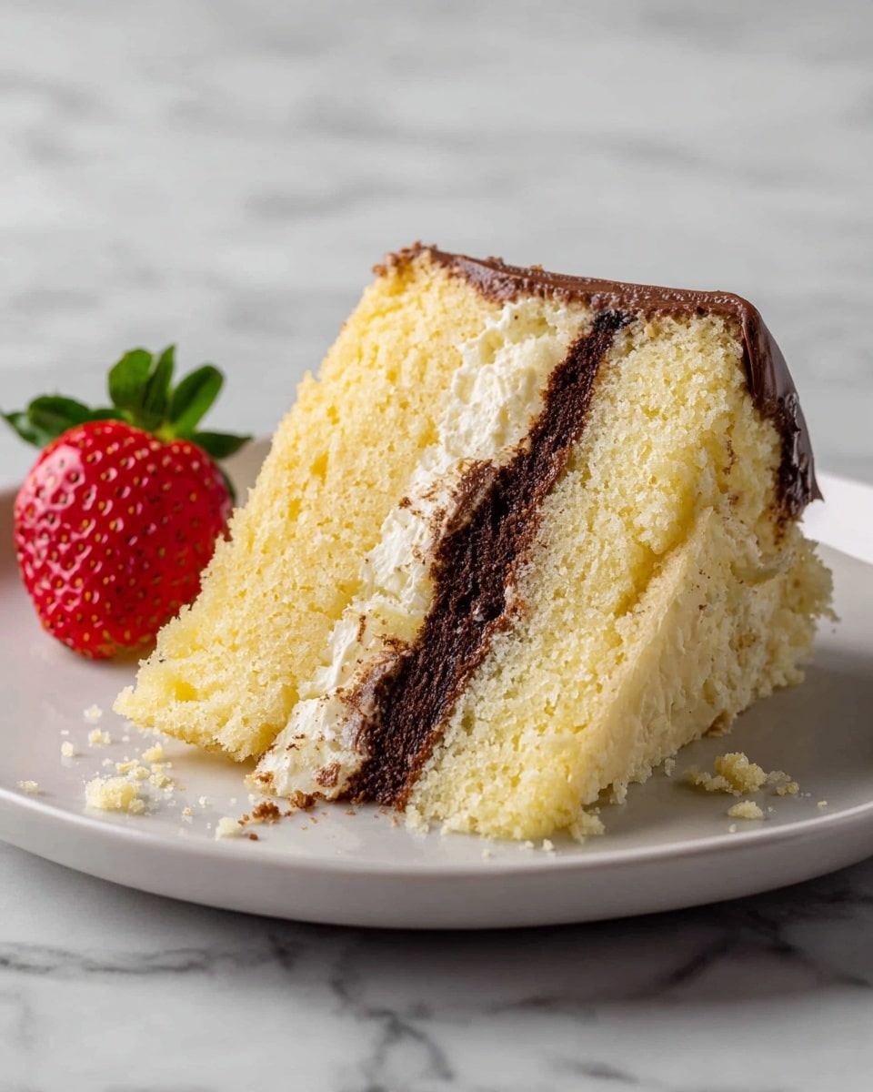 A close-up view of a dessert shows a smooth white cream layer topped with glossy red strawberries with fresh green leaves. Around the edges of the cream, there are small rosettes of whipped cream in a soft white color. Below the cream layer, toasted almond slices in light brown cover the side, adding texture. The dessert is set on a surface with a white marbled texture. Photo taken with an iphone --ar 4:5 --v 7