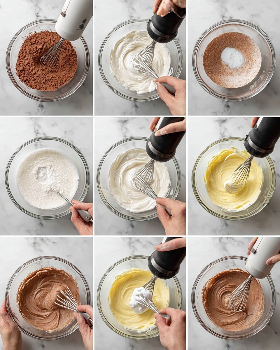 A sequence of eight images shows the step-by-step mixing of ingredients in clear glass bowls on a white marbled surface. In the first image, a woman's hand holds a whisk inside a bowl of dry cocoa powder mixture with a rich brown, powdery texture. The second image shows a woman's hand using a black electric mixer to whisk a bowl filled with frothy, white egg whites. In the third image, the mixer is beating the egg whites while a woman's hand adds a spoon of white sugar. The fourth picture shows firm, glossy white egg white peaks in the same bowl with the mixer inside. In the fifth image, a woman's hand mixes a yellowish batter with the electric mixer, showing a creamy, thick texture. The sixth image shows a woman's hand folding the white whipped egg whites carefully into the yellow batter with a white spatula, creating a light, airy mix. The seventh image shows a woman's hand sifting cocoa powder into the mixed batter creating a layered effect of light yellow and dark brown powders. The last image shows a thick, smooth chocolate batter being folded by a white spatula, with a woman's hand holding the bowl steady. All images are clear and bright, with a consistent white marbled background and natural lighting. photo taken with an iphone --ar 4:5 --v 7
