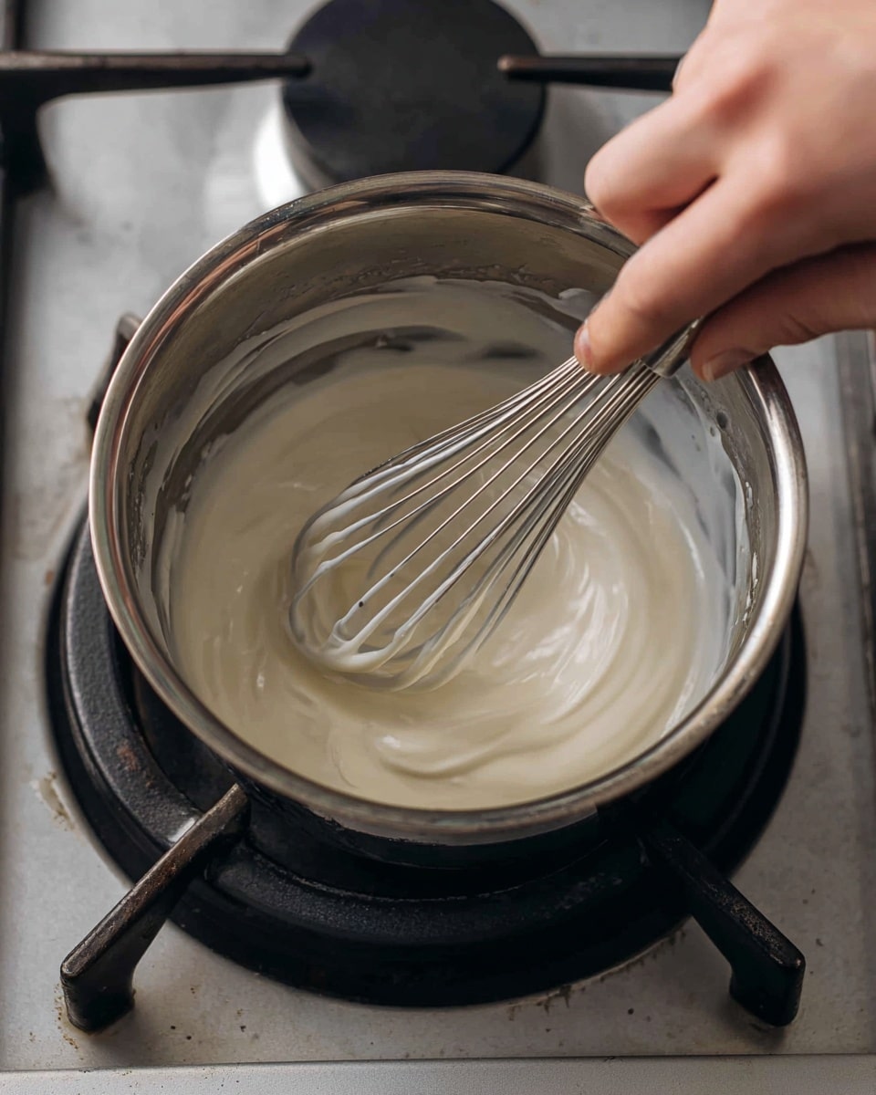 A close-up view of a silver metal saucepan sitting on a stove burner with a black metal ring. Inside the pan, there is a thick, creamy white mixture being stirred with a metal whisk that has a black handle. A woman's hand firmly holds the whisk, mixing the smooth, shiny, and soft-textured substance, which swirls gently in the pan. The stove has a slightly worn, light gray surface with black metal supports on each side. Photo taken with an iphone --ar 4:5 --v 7