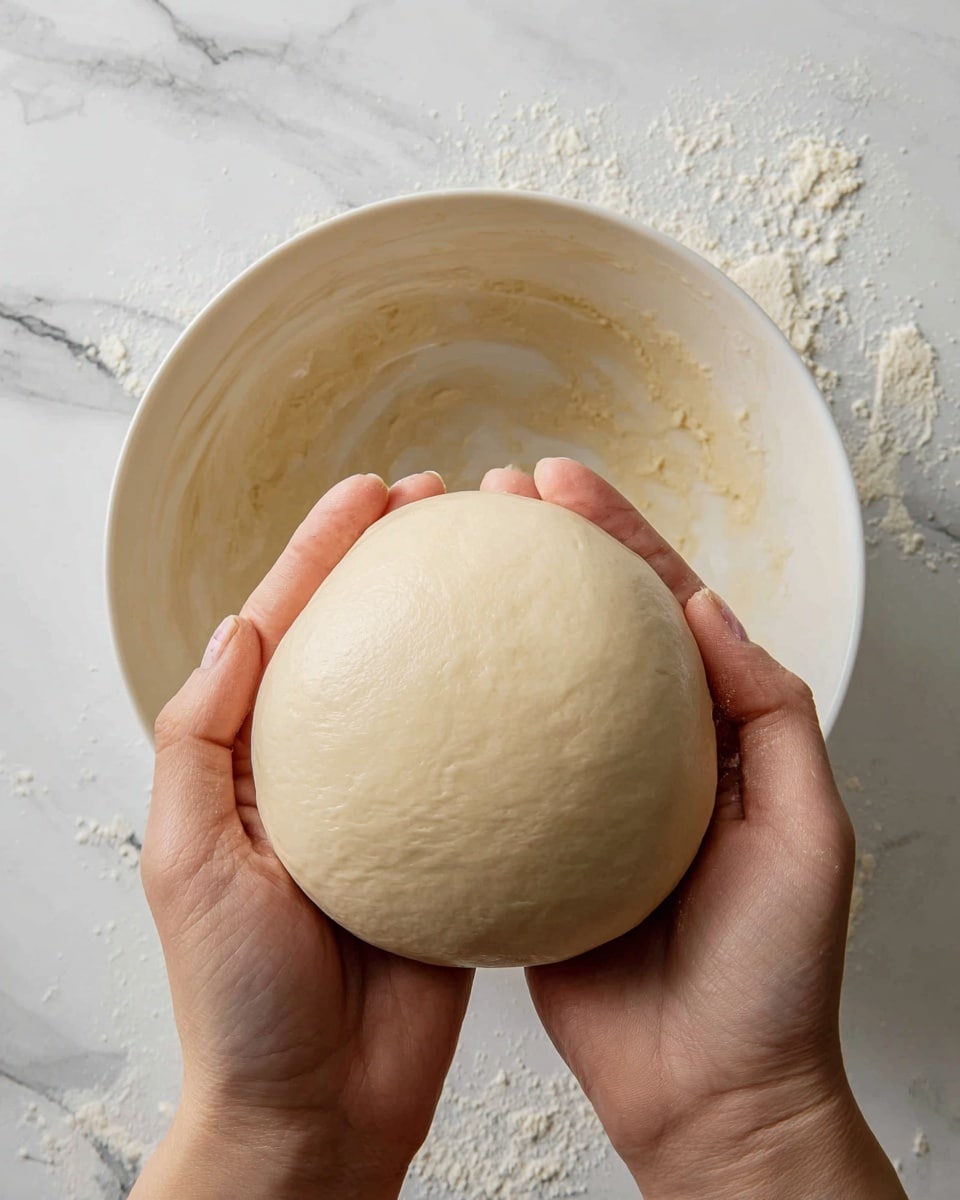 A white bowl with smooth, pale dough held gently by a woman's hands, the dough is round and soft looking with a slight sheen on its surface. The bowl behind shows some dough residue sticking lightly to its sides. The whole scene is set on a white marbled surface, giving a clean bright look to the photo taken with an iphone --ar 4:5 --v 7