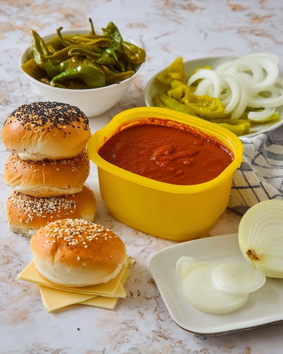 The image shows a food setup on a white marbled surface. In the center, there is a yellow container filled with thick red sauce. To the left of the container, there are two types of bread rolls stacked in small piles, one topped with sesame seeds and the other with black seeds. In front of the bread rolls, there is a small stack of yellow and white cheese slices. Behind the container, there is a white bowl filled with green roasted peppers. To the right of the container, a white plate holds sliced white onion rings and yellow pickle slices, with a halved white onion placed nearby. Photo taken with an iphone --ar 4:5 --v 7