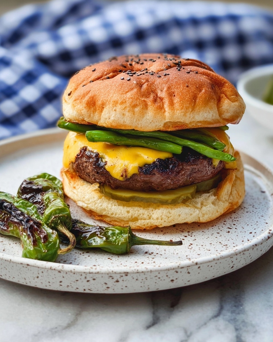 A sandwich with three layers is shown on a white speckled plate. The bottom layer is a light brown toasted bun with a thick slice of bright green pickle and some small sliced green beans on top. The middle layer is a dark brown grilled patty with a melted yellow slice of cheese partially oozing down. The top layer is a soft, golden brown bun sprinkled with black seeds. On the left side of the plate, there are two charred green chili peppers. The plate sits on a white marbled surface with a blue and white checkered cloth in the background. Photo taken with an iphone --ar 4:5 --v 7