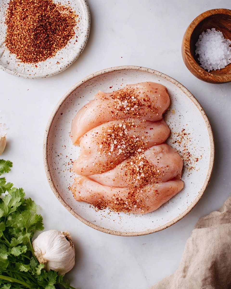 A white speckled plate holds four raw, pale pink chicken fillets arranged close together, each sprinkled evenly with a red and brown spice mix and some coarse white salt crystals. To the left of the plate, part of another white speckled small round dish shows a pile of the same red spice mix, while at the top right, a small wooden bowl contains coarse white salt, both placed on a white marbled surface. At the bottom edge, fresh green cilantro leaves and a garlic bulb peek in, and a beige cloth is partially visible in the lower right corner. photo taken with an iphone --ar 4:5 --v 7