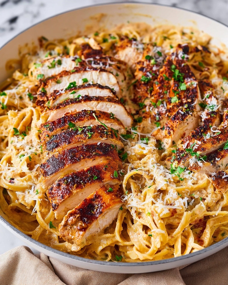 A white pan filled with a creamy light brown sauce base holding a bed of soft, flat pasta noodles. On top, there are four large pieces of golden brown, seasoned chicken sliced into thick strips, arranged to cover most of the noodles. The whole dish is sprinkled with small bits of green herbs and white grated cheese. The pan is set on a white marbled surface with some torn pieces of light brown bread and a green herb out of focus around it. There is also a gold spoon placed inside the pan among the noodles. Photo taken with an iphone --ar 4:5 --v 7