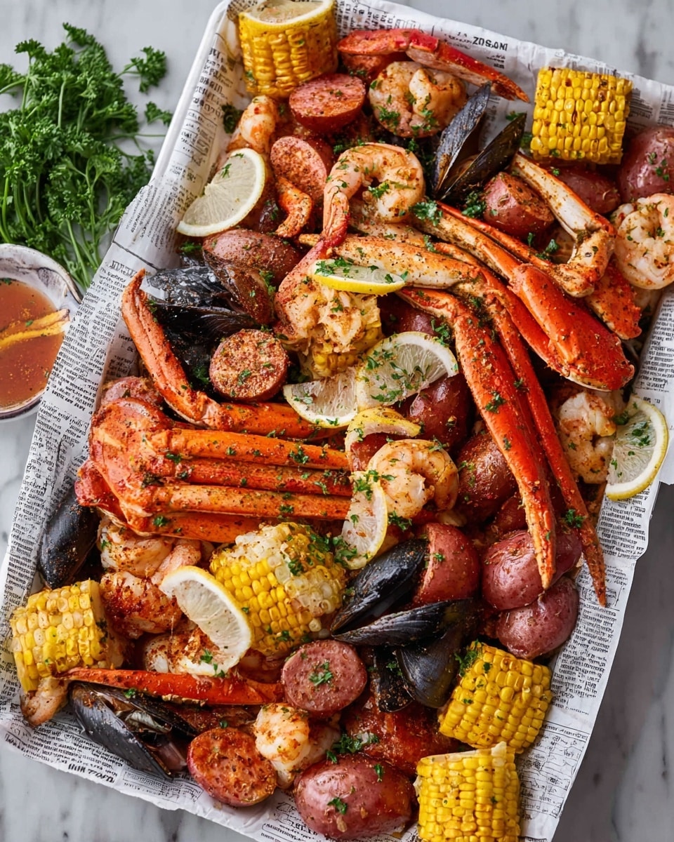 A large white tray filled with a seafood boil that has many layers and colors: on the bottom, bright yellow corn pieces with a slightly charred texture; above them, orange and red crab legs and shrimp with a light seasoning; scattered throughout are black mussel shells mixed with red sausage chunks that have a shiny, cooked look; there are also whole red potatoes with a slightly rough skin; thin slices of lemon with pale yellow and white tones are spread on top, adding freshness; the whole dish is sprinkled with green parsley finely chopped for color contrast; the tray is lined with white newspaper-like paper, and the background is a white marbled surface with some green parsley sprigs. Photo taken with an iphone --ar 4:5 --v 7