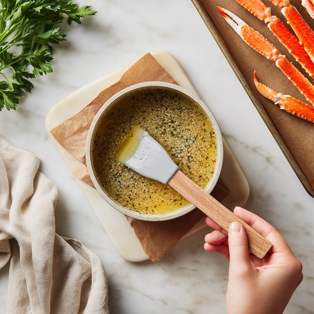 A small round pan sits on a white marble cutting board, filled with a mixture of liquid and small herb pieces, showing green and yellow tones with some texture from the seeds or spices. A woman's hand holds a spatula with a light grey head and a wooden handle, stirring the sauce gently. In the upper right corner, a baking tray lined with brown parchment paper holds bright orange crab legs. In the top left corner, fresh green parsley leaves peek into the frame, contrasting with the light colors around. The scene is set on a white marbled surface with a soft beige cloth draped casually at the bottom left. photo taken with an iphone --ar 4:5 --v 7
