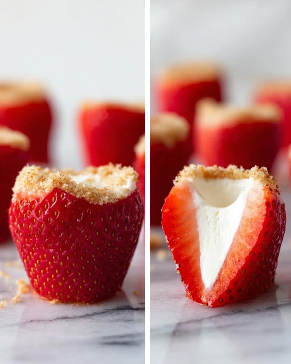 The image shows several bright red strawberries filled with a white creamy layer inside each strawberry, topped with a golden brown crumbly layer, and finished with a small swirl of white whipped cream on top. The strawberries are arranged closely on a white plate, placed against a white marbled surface. The colors contrast well with the red strawberries, creamy white filling, crumbly tan topping, and fluffy white whipped cream on top of each strawberry. photo taken with an iphone --ar 4:5 --v 7
