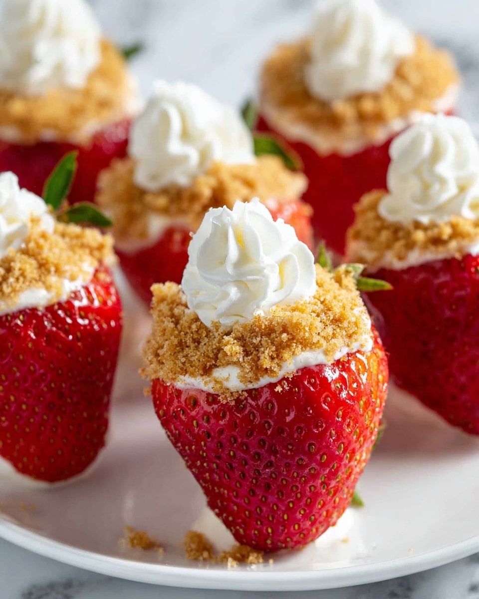 The image shows several bright red strawberries placed on a white plate with a white marbled surface in the background. Each strawberry is hollowed out and filled with a white creamy layer, topped with a crumbly light brown crunchy layer. The strawberries are arranged closely together with their pointed ends facing outwards, highlighting the filled top layers with distinct textures of smooth cream and rough crumbs. photo taken with an iphone --ar 4:5 --v 7