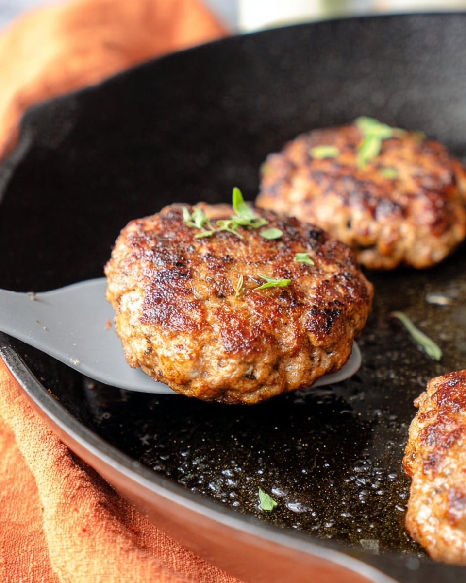 A close-up of three browned patties cooking in a black metal skillet, each patty showing a crispy, golden-brown surface with small green herb sprigs on top. One patty is lifted slightly by a gray spatula, revealing its thick and textured shape with uneven edges. The background includes a soft focus orange cloth, and the skillet’s textured interior shows small oil bubbles and light grilling marks. The light reflects subtly off the cooked meat surface highlighting its texture. photo taken with an iphone --ar 4:5 --v 7