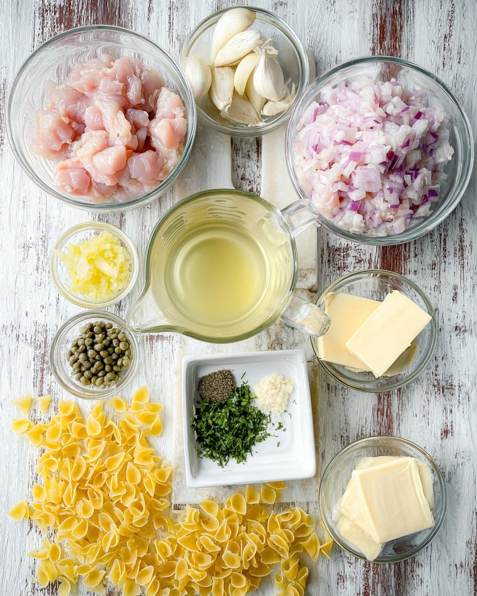 The image shows a variety of ingredients placed on a white marbled surface with a rustic worn look. There are two clear glass bowls filled with raw pink diced chicken and finely chopped pale purple onions. A medium clear glass measuring cup with a handle holds a light yellow liquid, placed in the center. Small clear glass bowls contain minced light yellow garlic, small green capers, light cream flour, and a pale yellow juice. A small square white dish holds chopped green herbs, while a round clear bowl has two thick pale yellow butter slabs. Around these are scattered uncooked yellow pasta pieces. The photo is taken with an iphone --ar 4:5 --v 7