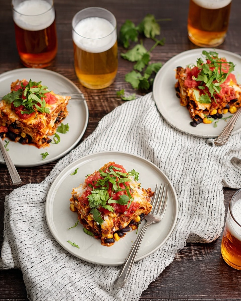 A white plate holds a three-layer piece of lasagna with a rough texture. The bottom layer has black beans mixed with a few corn kernels, showing a mostly dark color with some yellow spots. The middle layer is filled with mostly yellow corn and black beans, creating a speckled mix of yellow and dark shades. The top layer is covered with melted orange-yellow cheese and chunky red tomato sauce scattered with small bits of green herbs. Fresh green cilantro leaves are sprinkled generously over the top of the lasagna and around the plate. In the background, another plate with more lasagna is slightly blurred. A glass of light brown beer with foam sits behind both plates on a white marbled surface with a white and gray-striped cloth beneath the foreground plate. A fork also rests to the right of the lasagna slice on the plate. Photo taken with an iphone --ar 4:5 --v 7