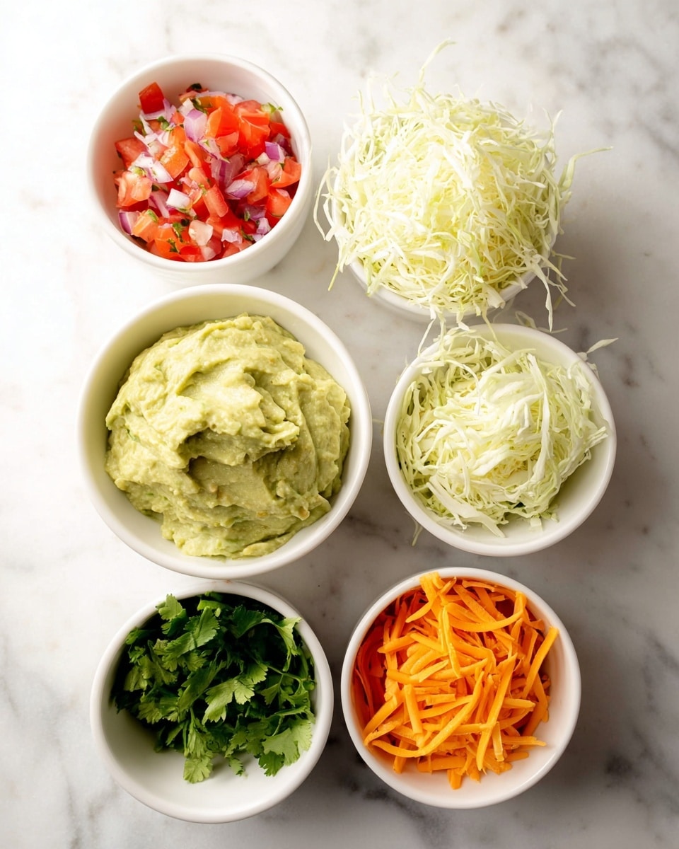 A white bowl with a circular base holds a colorful dish arranged in separate sections. The base layer is white cauliflower rice, spread evenly all around. In the bottom left section, there are six strips of golden-brown cooked chicken with charred marks on the skin. Next to the chicken, bright yellow shredded cheddar cheese is piled in a small mound. To the right, a dollop of light green mashed avocado sits neatly. Above the cheese and avocado, there is a small heap of finely chopped red tomatoes mixed with green herbs, and to the left of the tomatoes, light green shredded cabbage is placed. In the center, a bundle of fresh cilantro leaves adds a deep green pop. The bowl is set on a textured olive-green cloth, and a metal fork rests on the edge of the bowl. photo taken with an iphone --ar 4:5 --v 7
