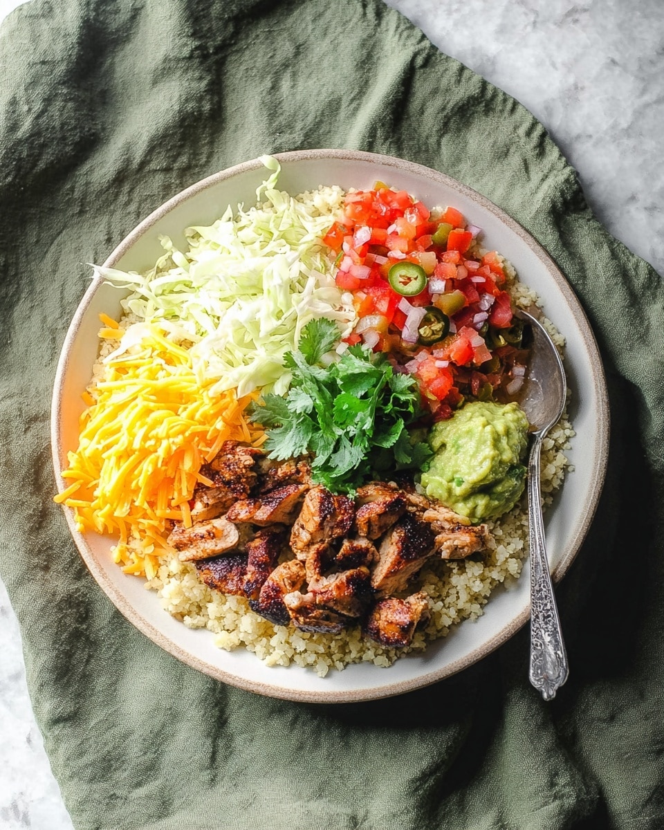 A large round white plate on a white marbled surface holds a colorful bowl-style meal, with the base layer being light beige cauliflower rice spread across the entire plate. On one side, there are several pieces of grilled brown chicken with a slightly crispy texture. Along the top edge, bright red diced tomatoes mixed with small bits of green jalapeño sit next to shredded white cabbage. In the center, a small pile of fresh green cilantro leaves adds color contrast. Below the cilantro, there is a thin layer of shredded orange cheddar cheese, and next to it, a scoop of light green guacamole with a smooth, creamy texture. A spoon rests on the edge of the plate, and the whole setup is placed on a soft olive-green cloth. Photo taken with an iphone --ar 4:5 --v 7