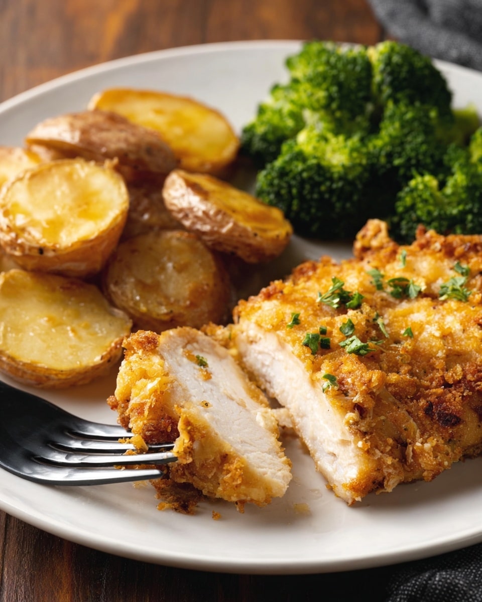 A white plate holds a meal with three main parts: the front right side shows a piece of crispy, golden brown fried chicken cut to reveal tender white meat inside, topped with small green herb bits; next to it, on the front left side, is a black fork holding a bitten piece of the same chicken; behind the chicken on the left side are round, golden roasted potato slices with a slightly crispy texture and light seasoning; the upper part of the plate has bright green broccoli florets with a fresh, slightly steamed look. The plate is on a dark brown wooden surface. photo taken with an iphone --ar 4:5 --v 7