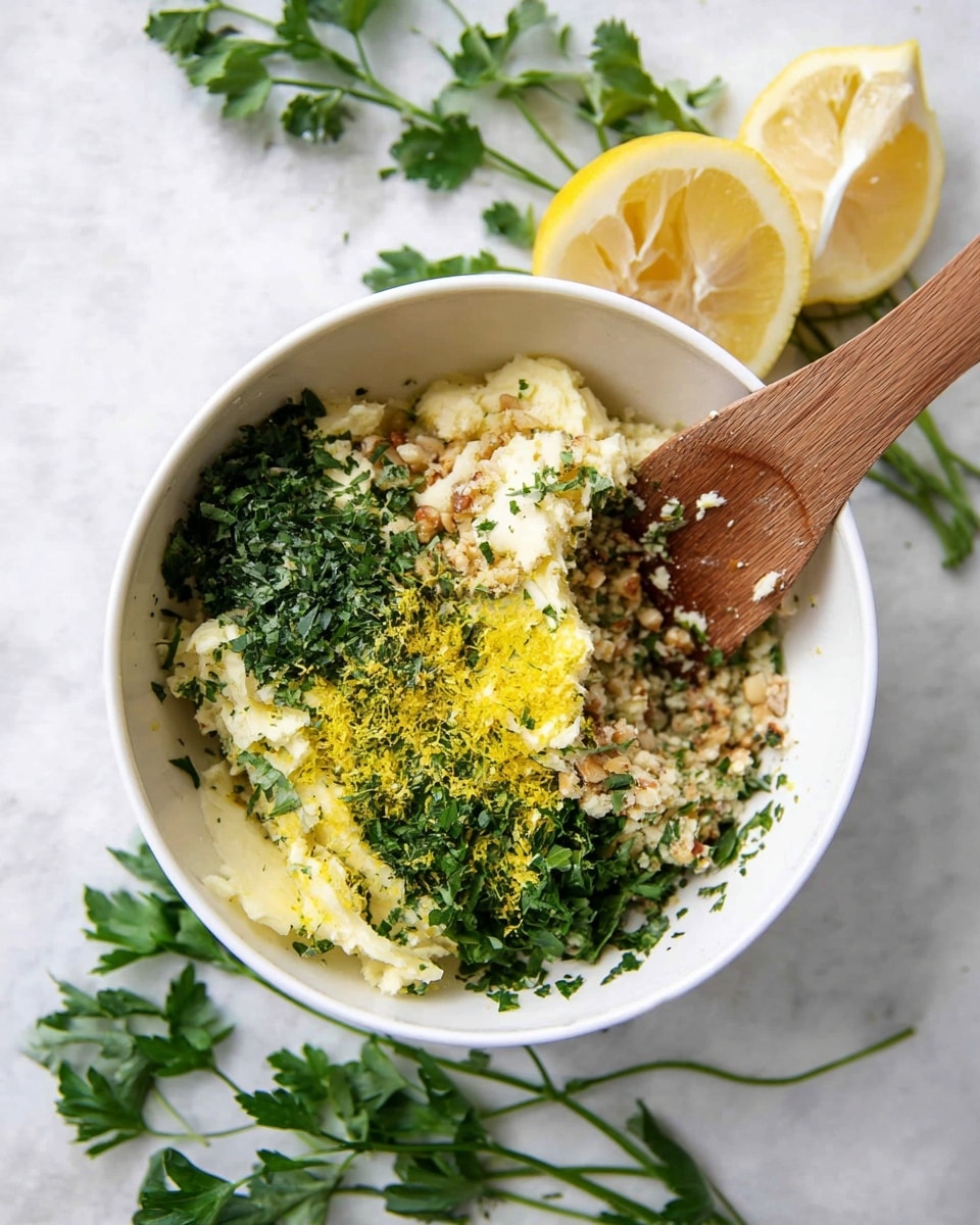 A white bowl with a mix of layered ingredients including pale yellow butter, finely chopped light brown nuts, dark green herbs, bright yellow lemon zest, and chopped fresh green parsley sitting inside; a wooden spatula rests in the bowl on the right side, and two lemon halves sit on a white marbled surface behind the bowl, with some scattered parsley leaves around. Photo taken with an iphone --ar 4:5 --v 7