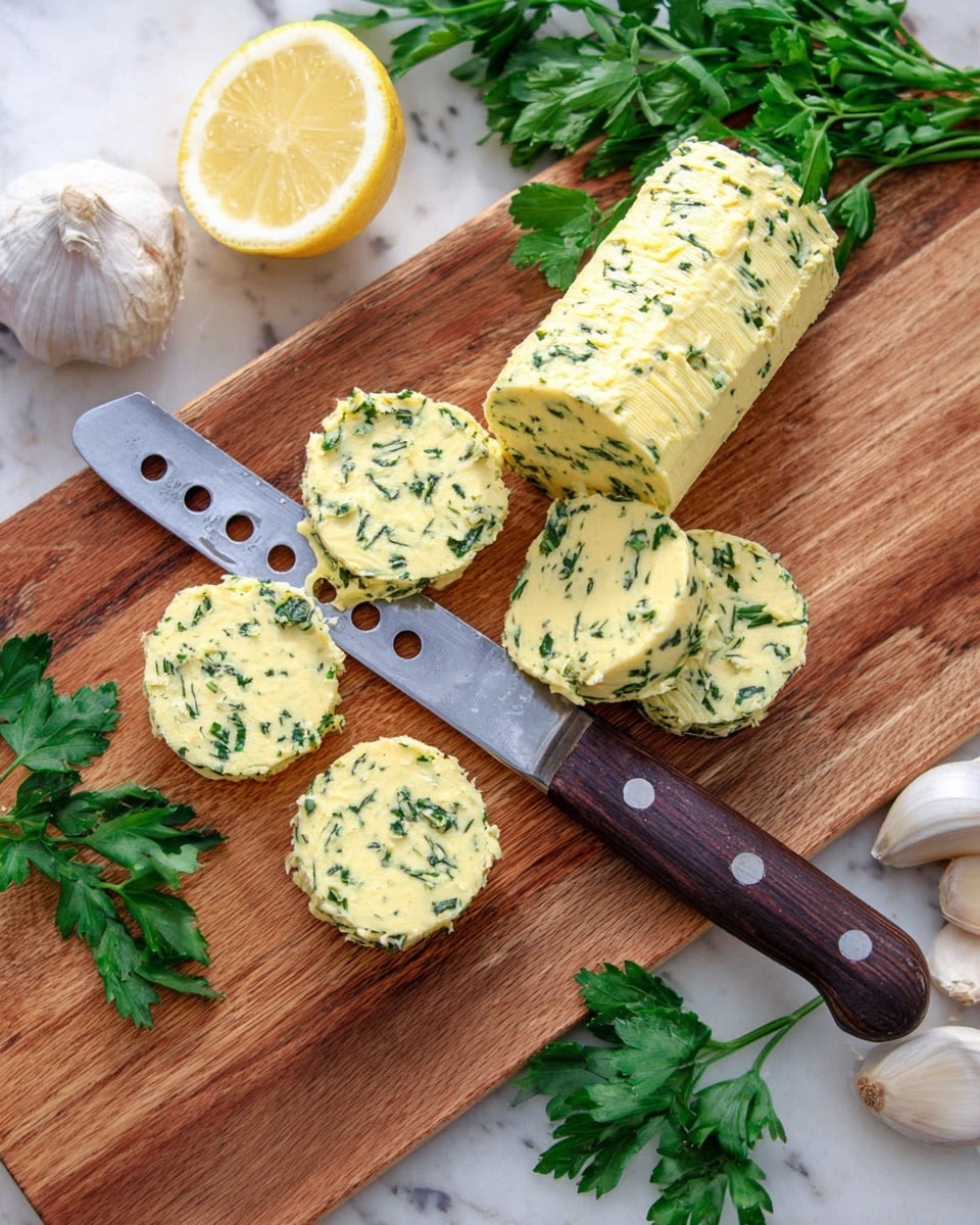 The image shows a wooden board with a roll of herb butter placed on top. The butter is yellow with green herbs mixed inside, giving it a speckled look. There are several round slices cut from the roll, placed around the main piece. A cheese knife with holes in the blade and a dark brown handle rests diagonally on the board, partially under the herb butter roll. Fresh green parsley leaves lie under and around the knife. A halved lemon and a garlic bulb are seen near the board on a white marbled surface. Photo taken with an iphone --ar 4:5 --v 7