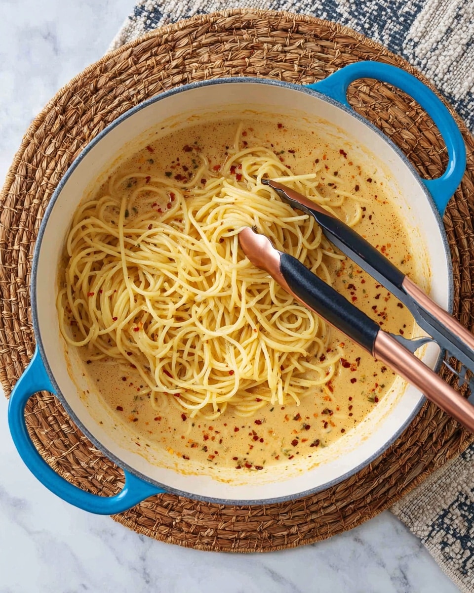 A creamy light brown sauce with red pepper flakes forms the base layer inside a white pot with blue handles. On top, there is a pile of thin, yellow cooked spaghetti noodles loosely arranged in the center. A pair of black and copper tongs lie across the noodles, with the right side of the tongs holding some spaghetti. The pot sits on a round woven natural-colored placemat, which rests on a white marbled surface. Photo taken with an iphone --ar 4:5 --v 7