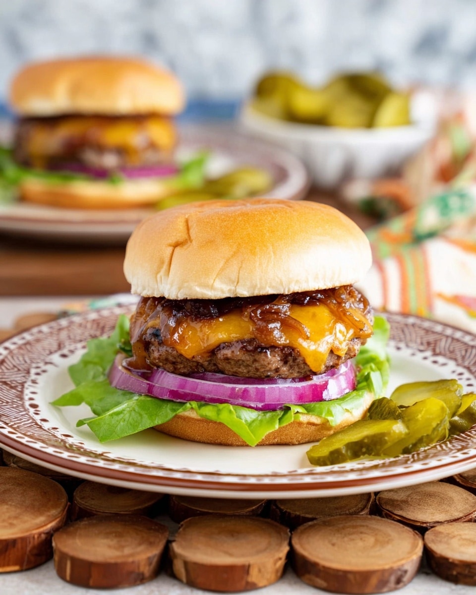 A close-up of a cheeseburger on a white plate with a sauce ring around the edge. The burger has five main layers: at the bottom, green leafy lettuce rests on a slightly toasted white bun base. Above the lettuce are thin rings of purple onion. Next is a thick, juicy grilled beef patty with melted yellow cheddar cheese softly draping over it. On top of the cheese is a generous scoop of dark brown caramelized onions spread evenly. The whole stack is crowned with a smooth, golden brown top bun. The plate sits on a table with a blurred background of more food and a white marbled texture surface. Photo taken with an iphone --ar 4:5 --v 7