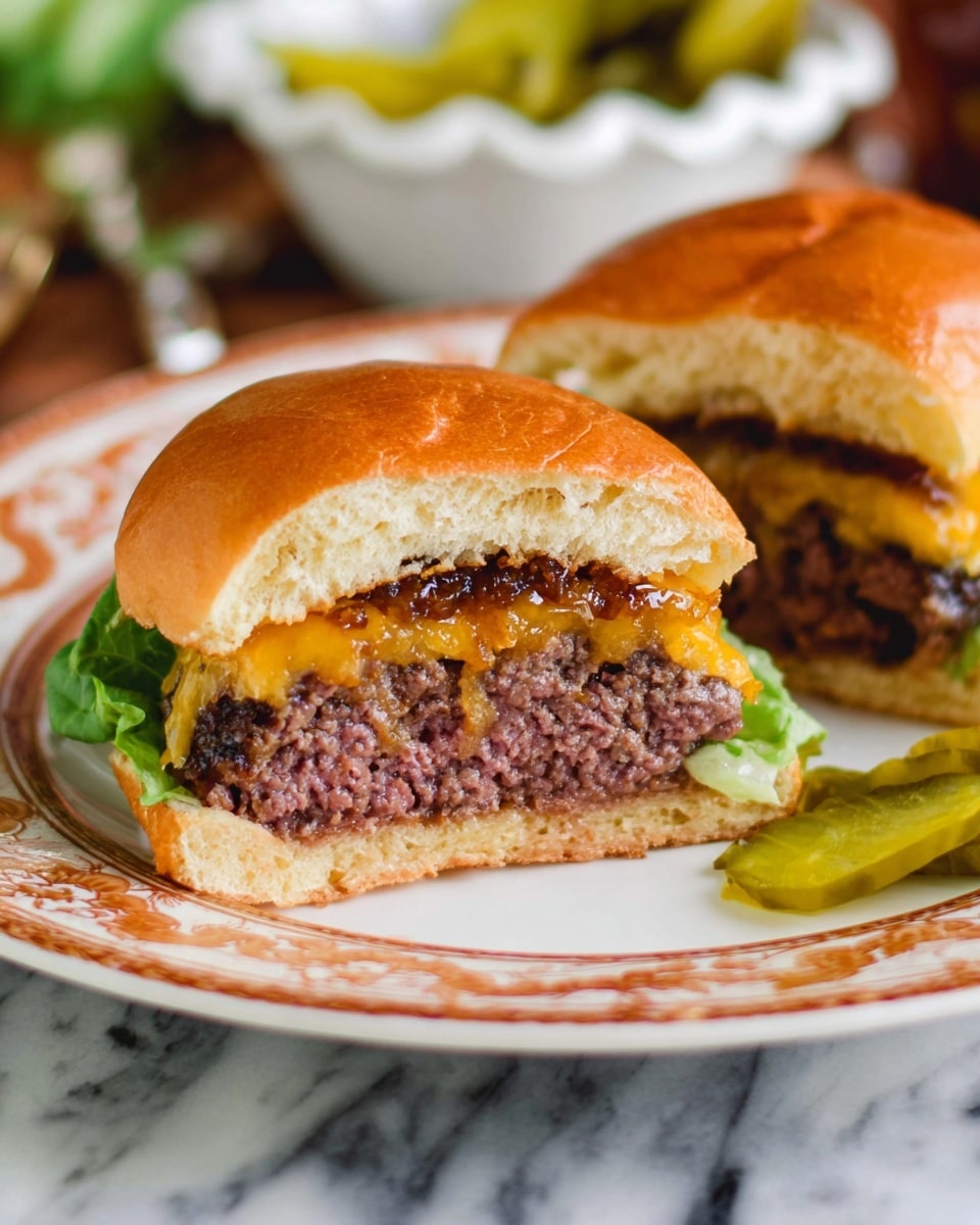 The image shows a cheeseburger on a white plate with a decorative brown rim, placed on a wooden surface with circular wooden pieces. The cheeseburger has a soft, light brown bun on top, followed by a layer of caramelized onions with a shiny, dark brown texture. Below the onions is a thick, grilled beef patty covered with melted orange-yellow cheese. Under the patty, there are fresh green lettuce leaves, then slices of red onions with a bright purple and white color, and the base bun is light brown and soft. Next to the burger on the plate are three slices of green pickles. In the blurred background, there is another similar burger on a white plate and a white bowl filled with pickles, all set on the white marbled surface. photo taken with an iphone --ar 4:5 --v 7