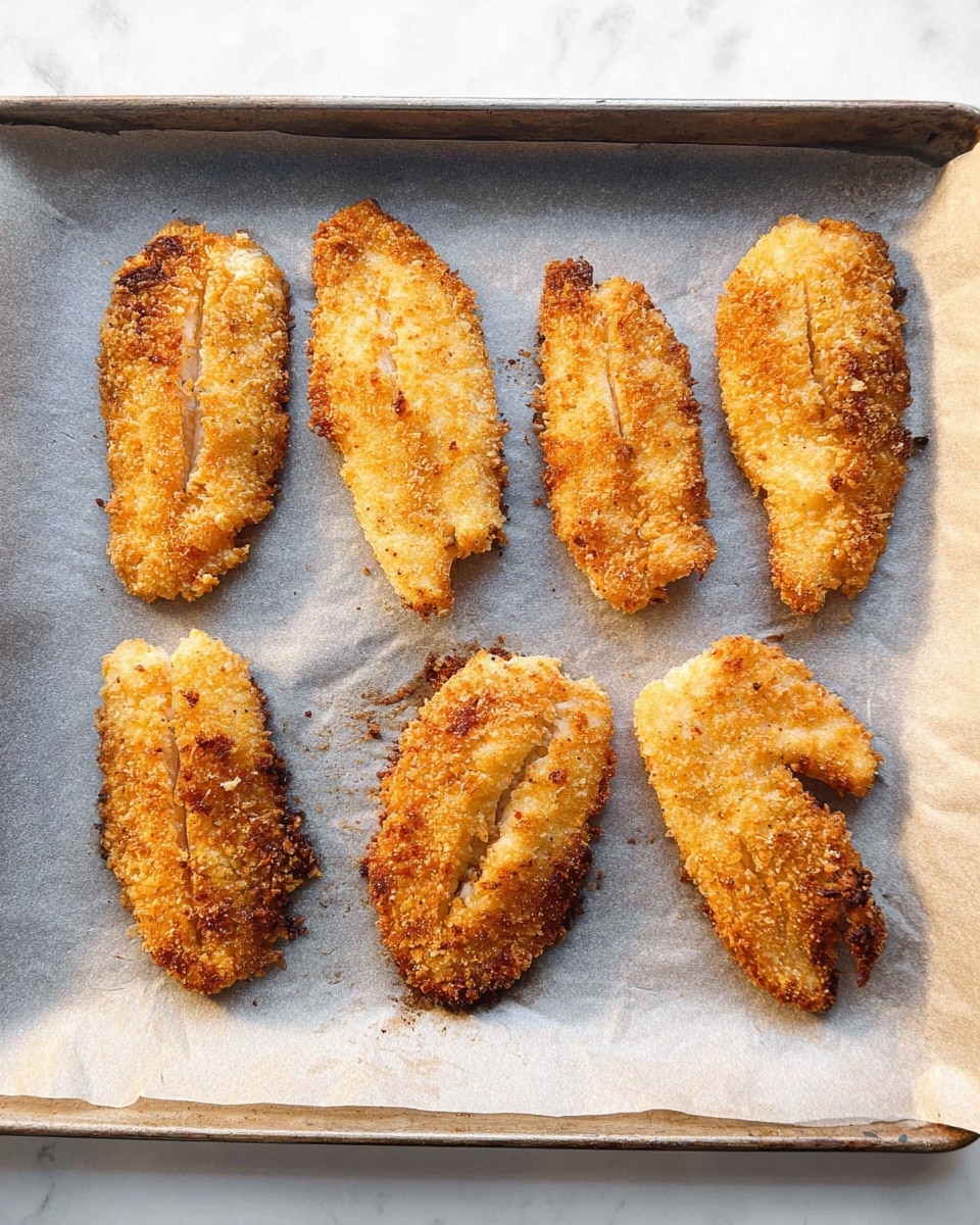 The image shows six pieces of golden-brown crispy fried fish laid out in two rows on a baking tray lined with light gray parchment paper. Each fish piece has an uneven, crunchy texture with a mix of darker brown and lighter golden areas. The top row has two larger fish pieces with a slightly round shape, and the bottom row has four fish pieces with more elongated shapes. The tray rests on a white marbled surface. The lighting highlights the crispiness and texture of the fish skin photo taken with an iphone --ar 4:5 --v 7