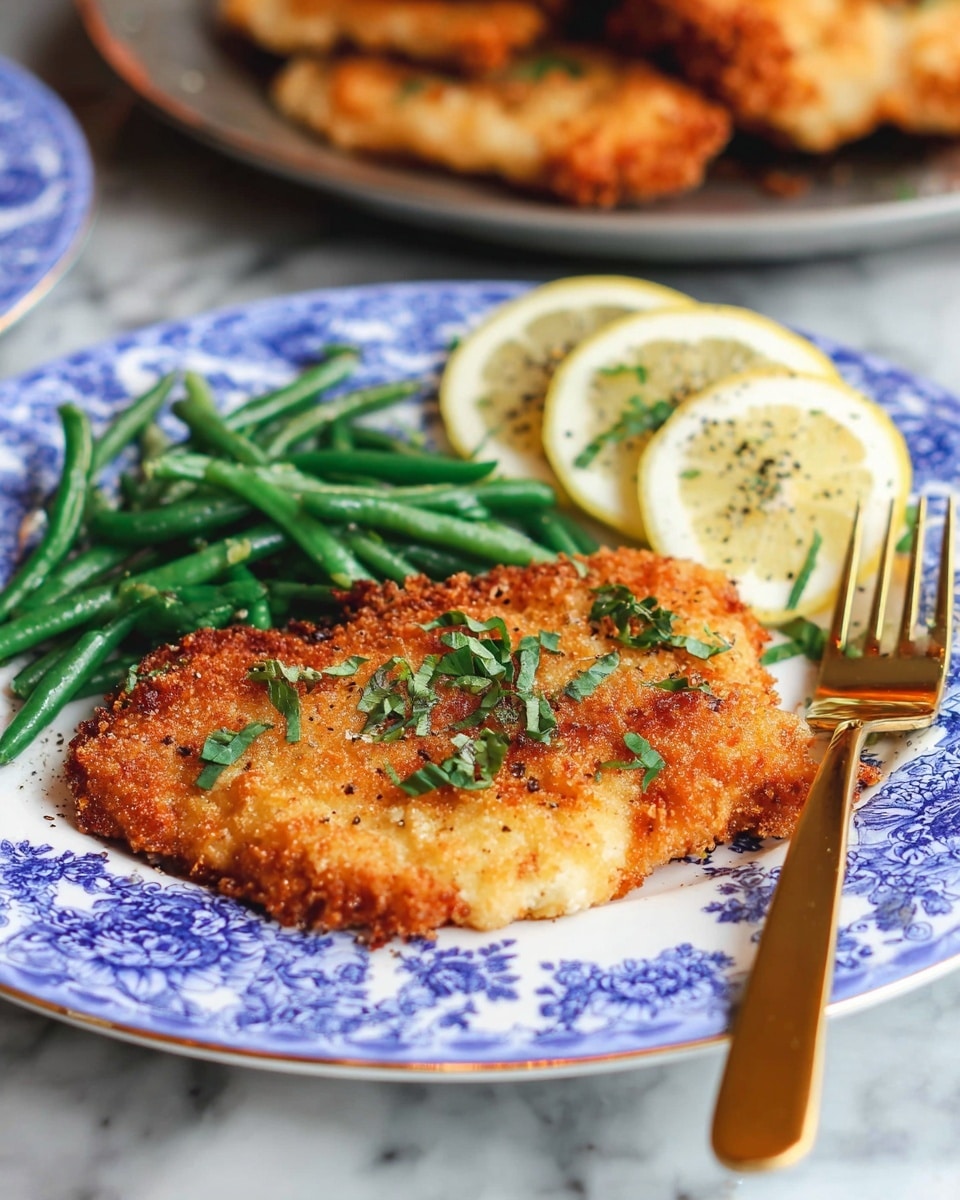 The image shows a white plate with a crispy golden-brown fried fish fillet placed on the right side. Next to the fish on the left, there are two thin yellow lemon slices topped with small green parsley leaves. On the top right of the plate, a pile of bright green cooked green beans is arranged neatly. A silver fork lies on the left side of the plate, partially resting on it. The background is a white marbled surface. Photo taken with an iphone --ar 4:5 --v 7