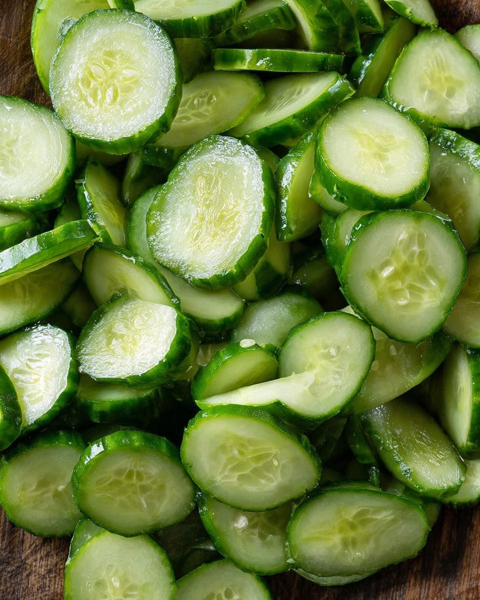 This image shows many fresh cucumber slices piled closely together. Each cucumber slice has a bright green outer skin that is slightly shiny and textured, and a light green, almost translucent inside, with small seeds visible in the center. The slices are mostly half-moons and some are smaller pieces, all stacked randomly on a wooden surface that is visible around the edges. The overall look is fresh, crisp, and vibrant. photo taken with an iphone --ar 4:5 --v 7