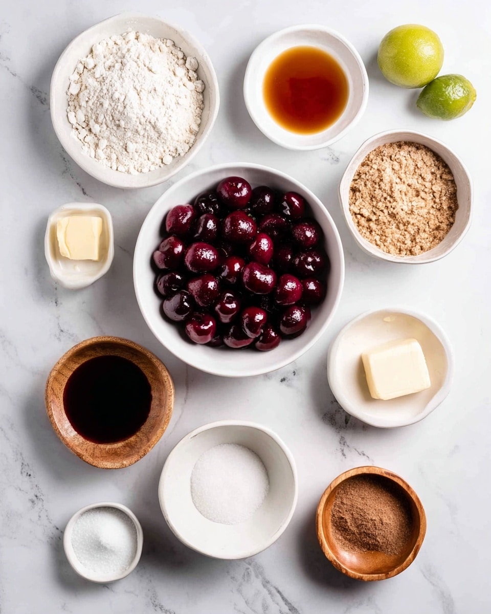 The image shows several small white bowls and dishes arranged on a white marbled surface. In the center is a white bowl full of dark and bright red cherries soaked in juice. Surrounding it clockwise are a white bowl with white flour, a whole lime, a small white bowl with white powder, a small white bowl filled with a dark amber liquid, a small white dish holding a stick of butter, a small white bowl with creamy white liquid, a small wooden bowl of brown sugar, another wooden bowl with white granulated sugar, and a small wooden bowl with ground cinnamon. photo taken with an iphone --ar 4:5 --v 7