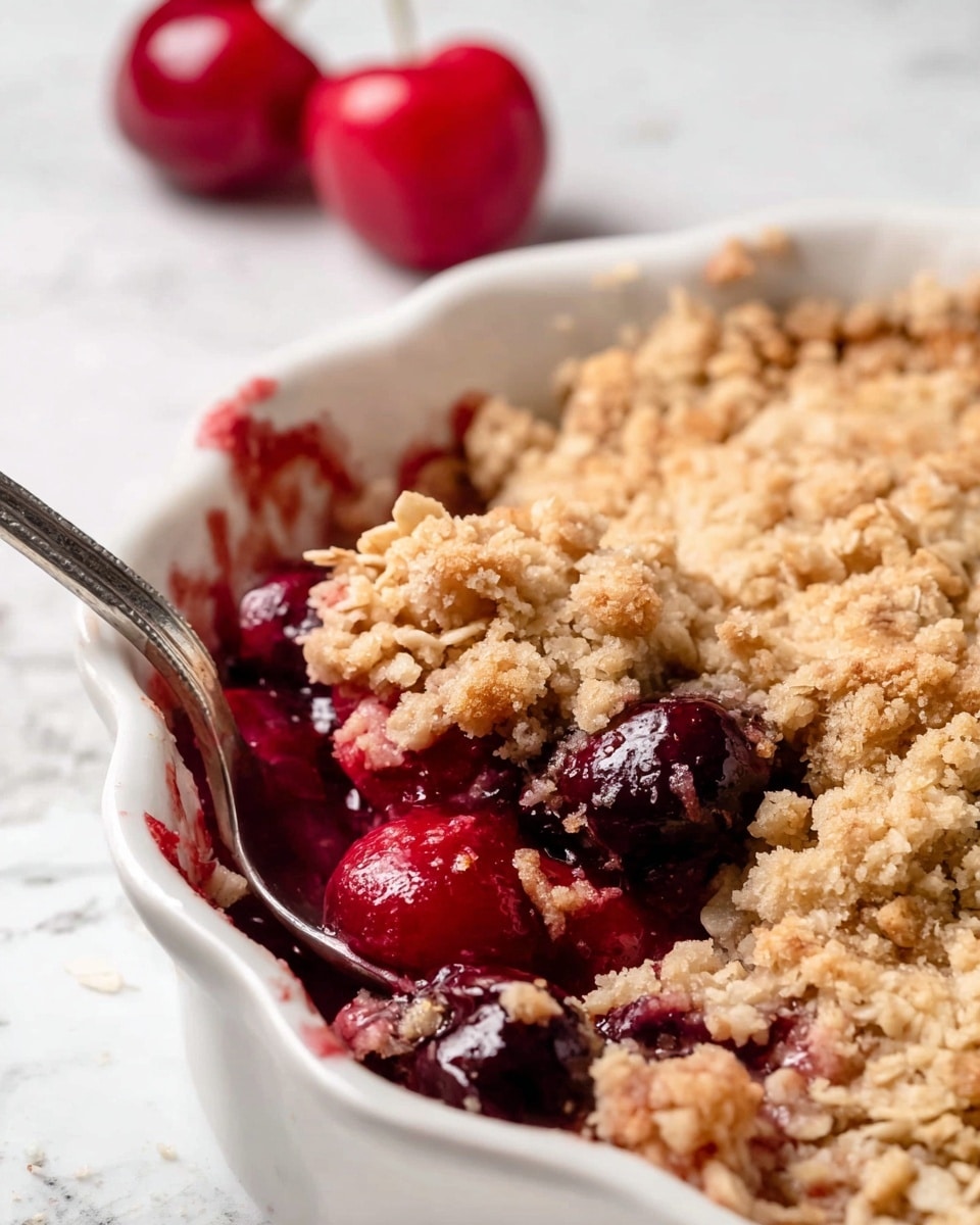 A close-up of a white dish filled with cherry crumble dessert showing three layers: the bottom layer has deep red cherries with a soft texture, the middle layer is juicy and slightly shiny cherry filling, and the top layer is a crumbly, golden oat topping with a rough texture and some larger oat pieces visible. A silver spoon is partly inside the dish, scooping the dessert. In the background, two bright red cherries with stems rest on a white marbled surface. Photo taken with an iphone --ar 4:5 --v 7