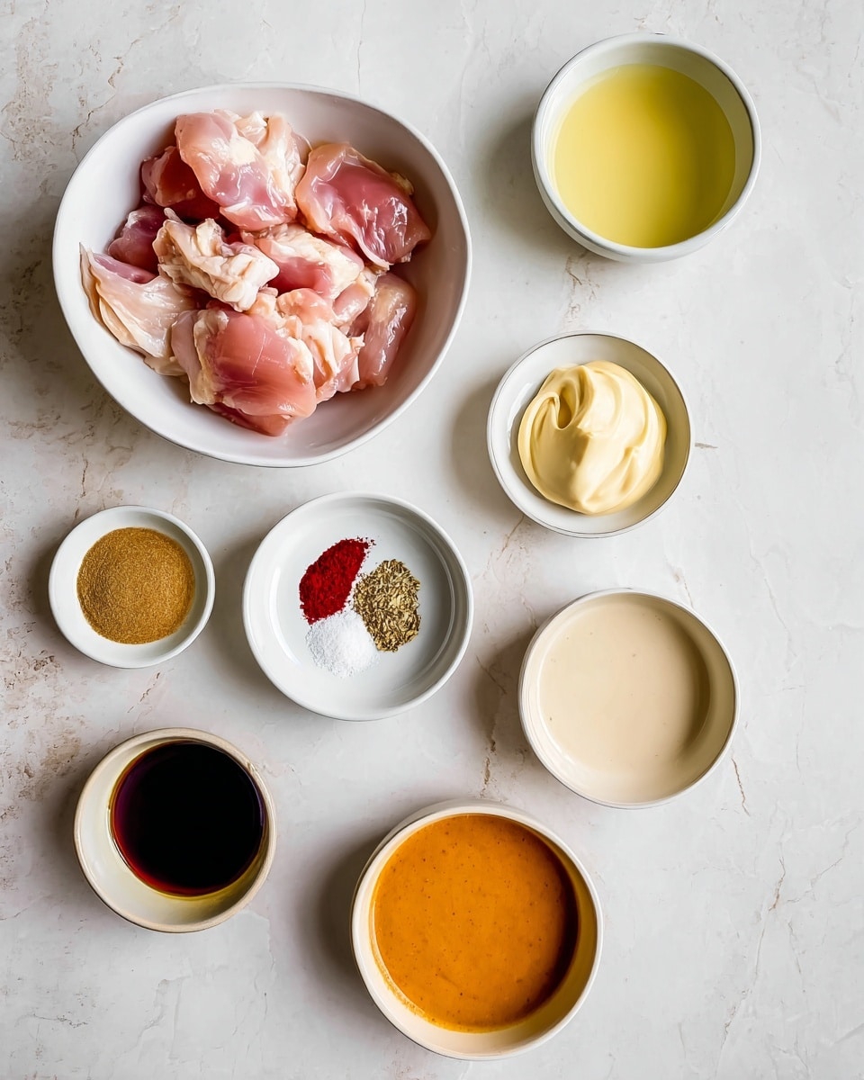 A top view of several small white bowls arranged on a white marbled surface, with a large white bowl filled with raw pink chicken pieces placed at the top left. Around it, smaller bowls hold different ingredients: a pale yellow liquid at top right, creamy light mayonnaise below that, a white bowl below center with three layers of spices in red, white, and beige tones, a dark brown sauce bowl at lower left, a smooth tan mustard bowl at bottom left, a pale gold oil bowl at bottom center-right, and an orange sauce bowl at bottom right. The bowls are spaced evenly and the colors contrast softly with the marbled background. photo taken with an iphone --ar 4:5 --v 7