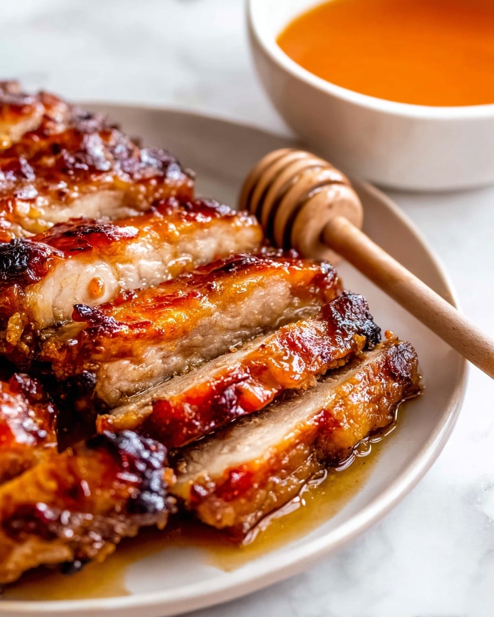 The dish shows several layers of golden brown cooked meat slices arranged closely on a white plate. The meat has a shiny, slightly sticky texture with caramelized edges, showing a moist inside that is lighter in color than the outside. On the right side, there is a wooden honey dipper resting on the plate, its spirals clearly visible with a smooth wood texture. In the background, there is a white bowl with orange-colored sauce, sitting on a white marbled surface. The overall focus is on the meat's rich, glistening texture and the warm tones of the dish photo taken with an iphone --ar 4:5 --v 7
