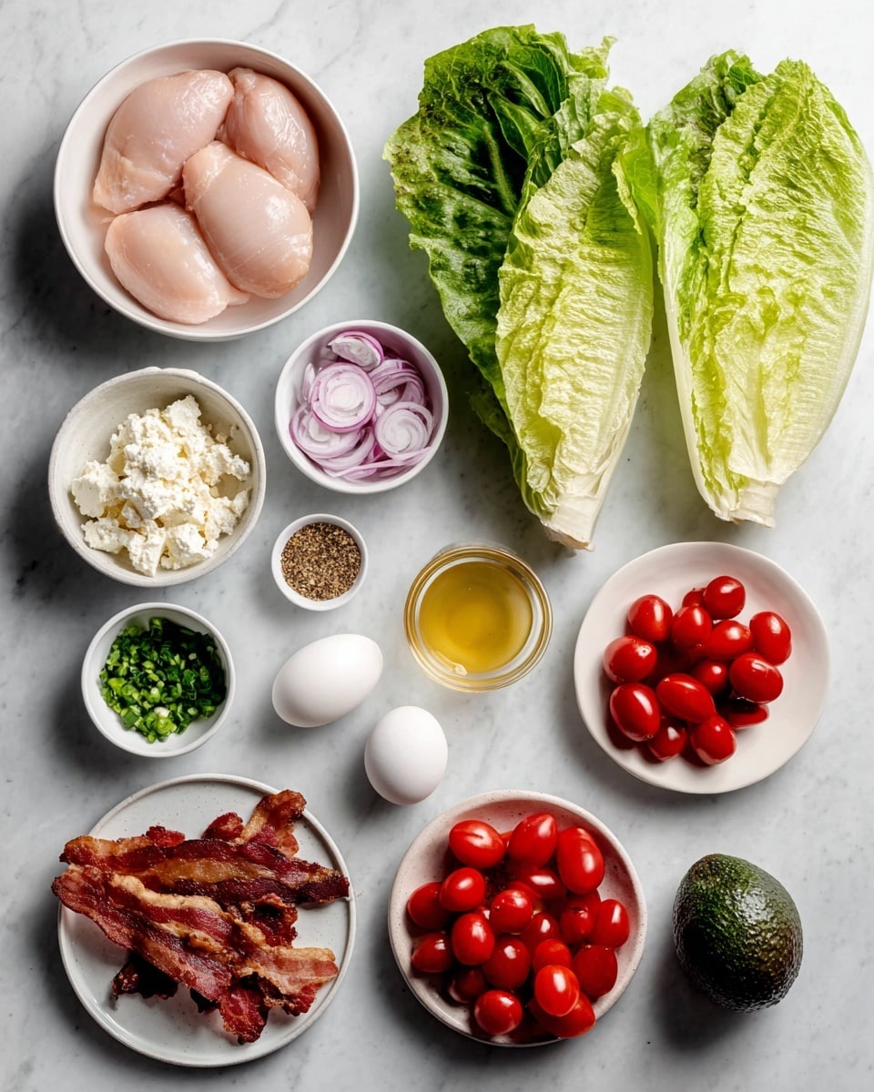 The image shows several ingredients neatly arranged on a white marbled surface, starting with a white bowl on the upper left holding three raw, pale pink chicken pieces with smooth texture, next to two large, fresh green romaine lettuce heads standing upright on the right. Below the chicken, there is a small white dish with thinly sliced red onions showing light purple color, beside it a small glass cup filled with light amber liquid. To the right, there is a white bowl full of bright red grape tomatoes. Beneath these, a white plate holds several crispy strips of brown bacon with a curled texture. A whole dark green avocado rests on the lower left. Other white bowls scattered around contain chopped white feta cheese, two whole white eggs, finely chopped green chives, a mix of brown and black seasoning, and a yellow liquid likely oil. All items are spread evenly and photographed from above. Photo taken with an iphone --ar 4:5 --v 7