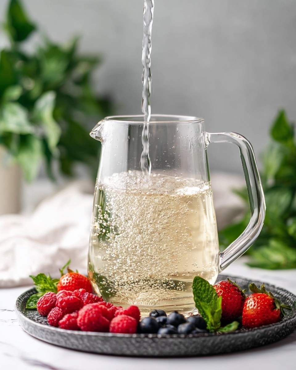 A clear glass pitcher with a handle is shown on a white marbled surface. It is being filled with sparkling water, creating bubbles in the light yellow liquid inside. The pitcher sits on a textured black tray that holds fresh red strawberries, red raspberries, dark blueberries, and green mint leaves around the edges. In the softly blurred background, a white fabric and a green leafy plant add to the bright, fresh setting. photo taken with an iphone --ar 4:5 --v 7