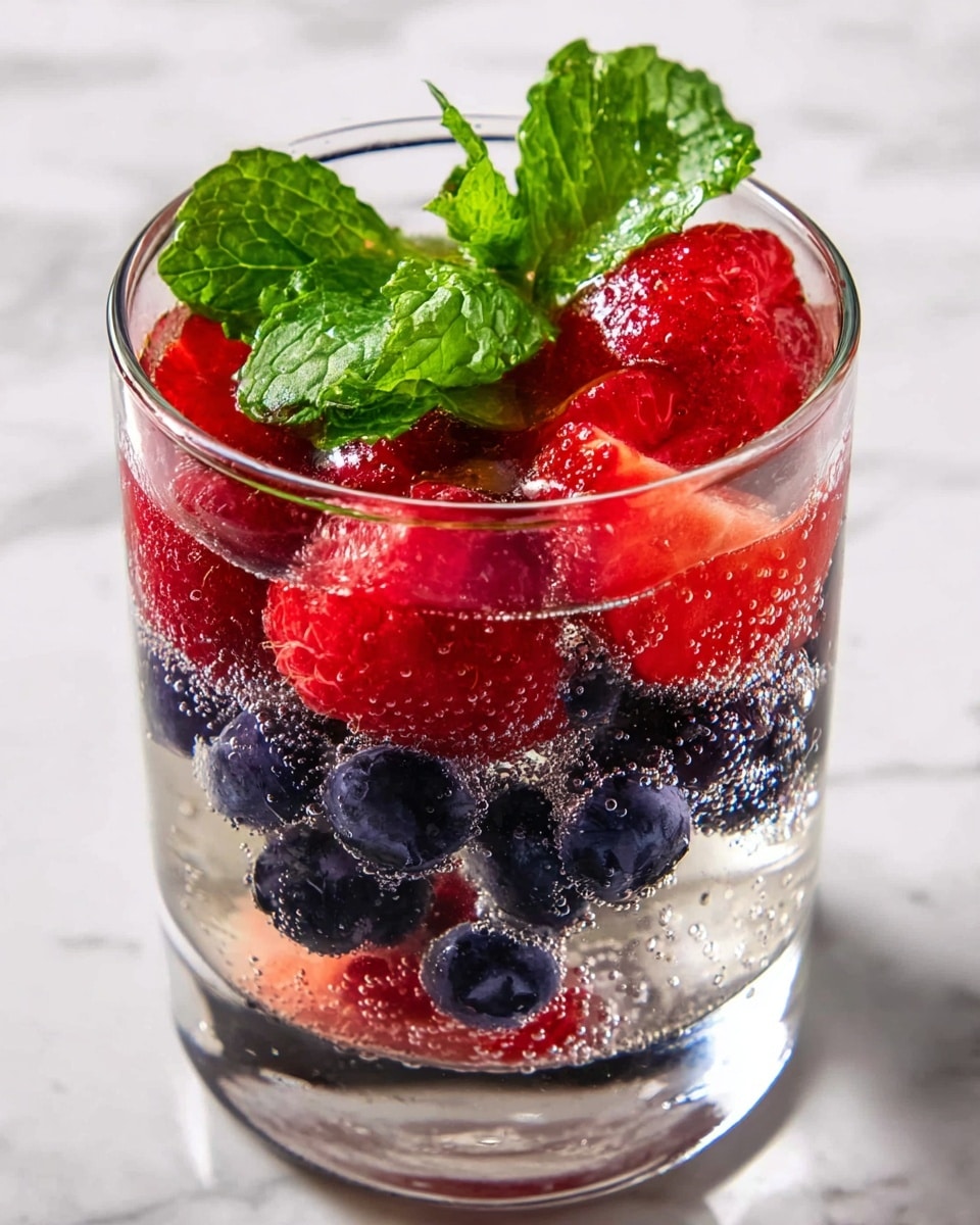 A clear glass is filled with three layers of fresh berries inside the liquid; the bottom layer has dark blue blueberries, the middle layer is bright red raspberries, and the top layer combines both red raspberries and strawberry slices. Fresh green mint leaves rest on top, adding a bright touch. Small bubbles cling to the fruits inside the clear liquid, showing fizz. The glass sits on a white marbled surface. photo taken with an iphone --ar 4:5 --v 7