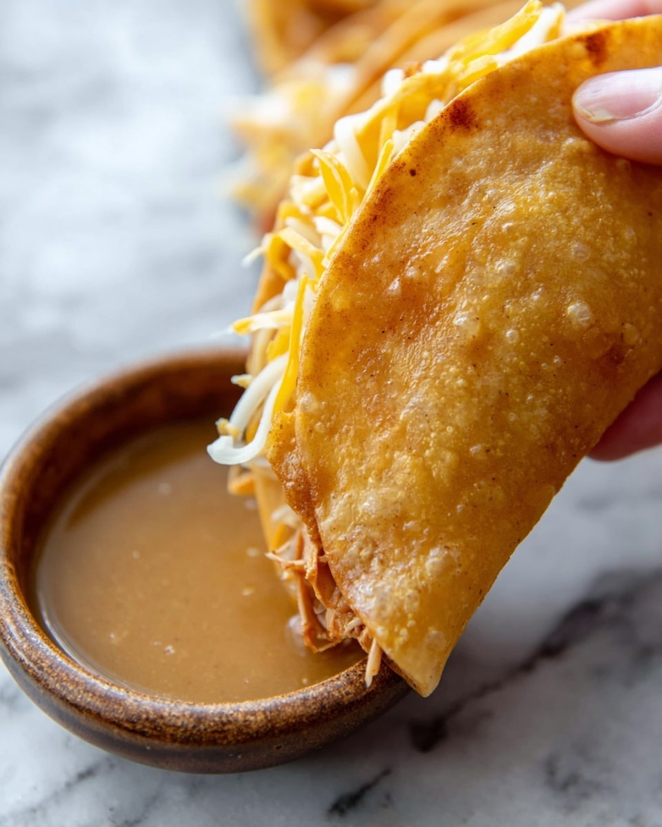 Two crispy tacos lie folded on a dark plate over a white marbled surface. Each taco has a light yellow toasted tortilla shell with a slightly dry texture, with melted golden cheese bubbling and spilling out along the edges. Inside, there is shredded light brown chicken that looks tender and juicy. Behind the tacos, two bright yellow-green chili peppers add vibrant color and texture. A small round bowl filled with a brown sauce sits in the upper left corner of the plate. Photo taken with an iphone --ar 4:5 --v 7