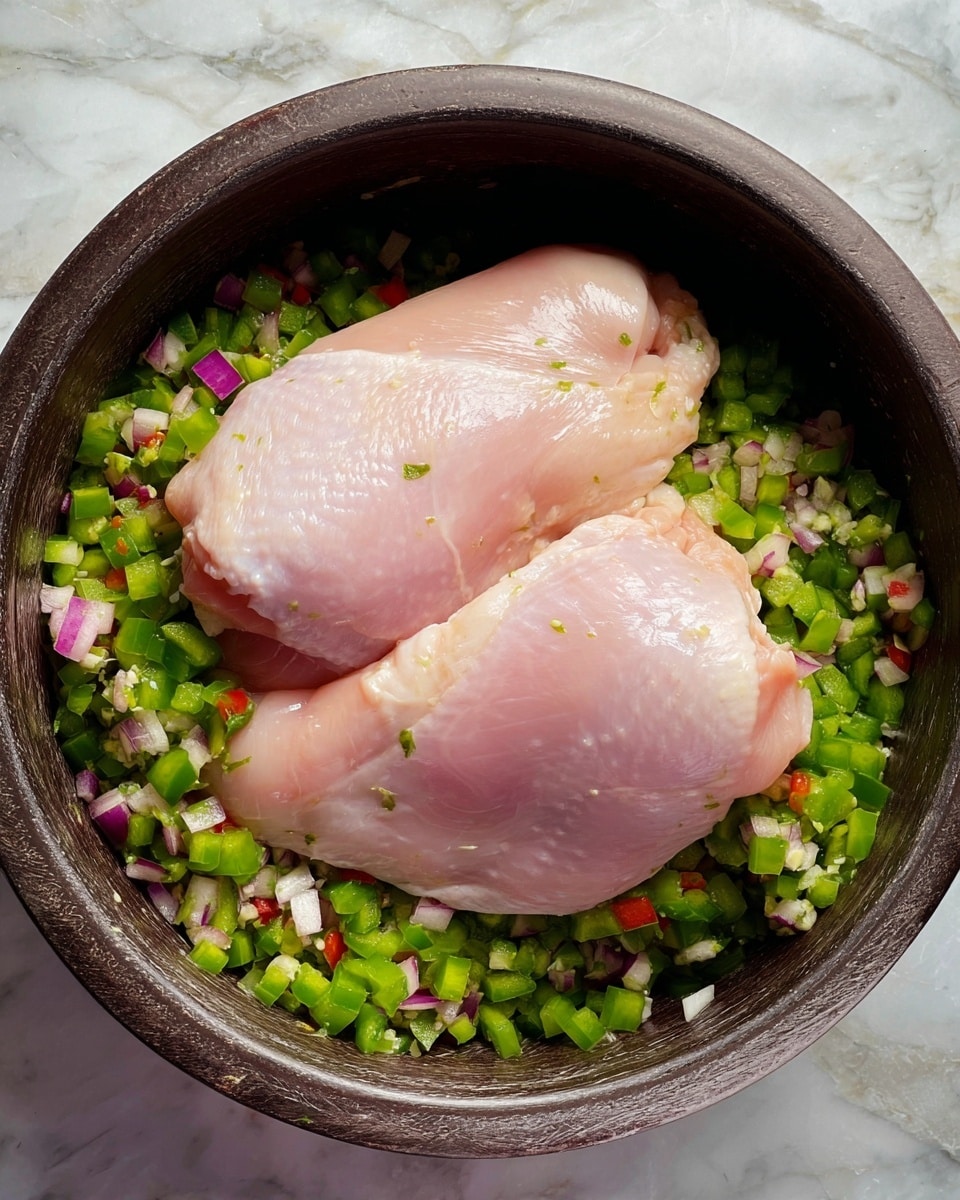 A dark round bowl holds two large, raw, pale pink chicken pieces on top of a colorful bed of finely chopped vegetables. The base layer is made up of green bell peppers, small pieces of red onion, and bits of garlic, all evenly spread across the bottom. The chicken pieces are placed closely side by side in the center, showing a smooth, moist texture. The bowl sits on a white marbled surface. photo taken with an iphone --ar 4:5 --v 7