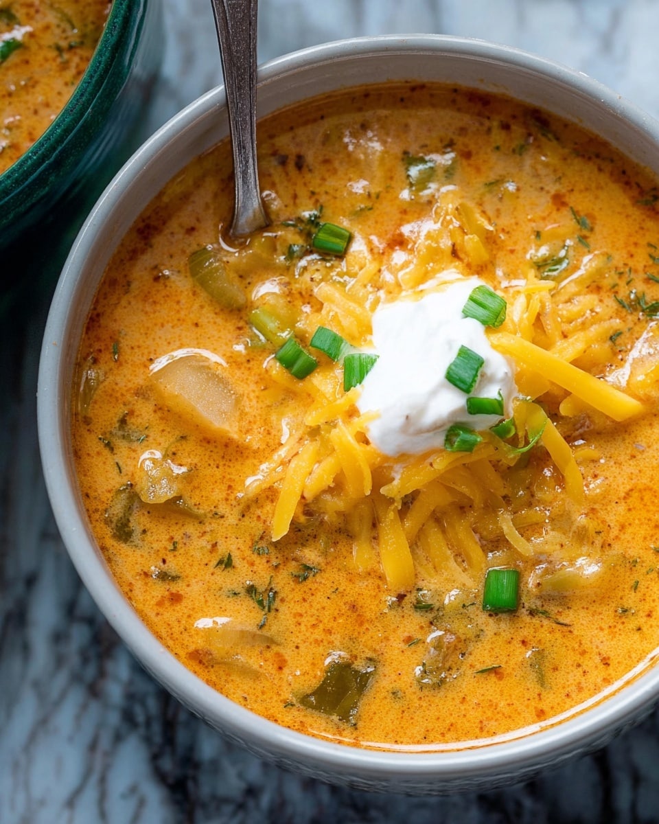 The image shows a bowl of creamy orange soup filled with small green onion pieces and chunks of vegetables, topped with a dollop of white sour cream and scattered shredded yellow cheese. The bowl is white and sits on a white marbled surface. A metal spoon is partially submerged in the soup, visible on the left side. The soup has a smooth and thick texture with some specks of spices visible throughout. photo taken with an iphone --ar 4:5 --v 7