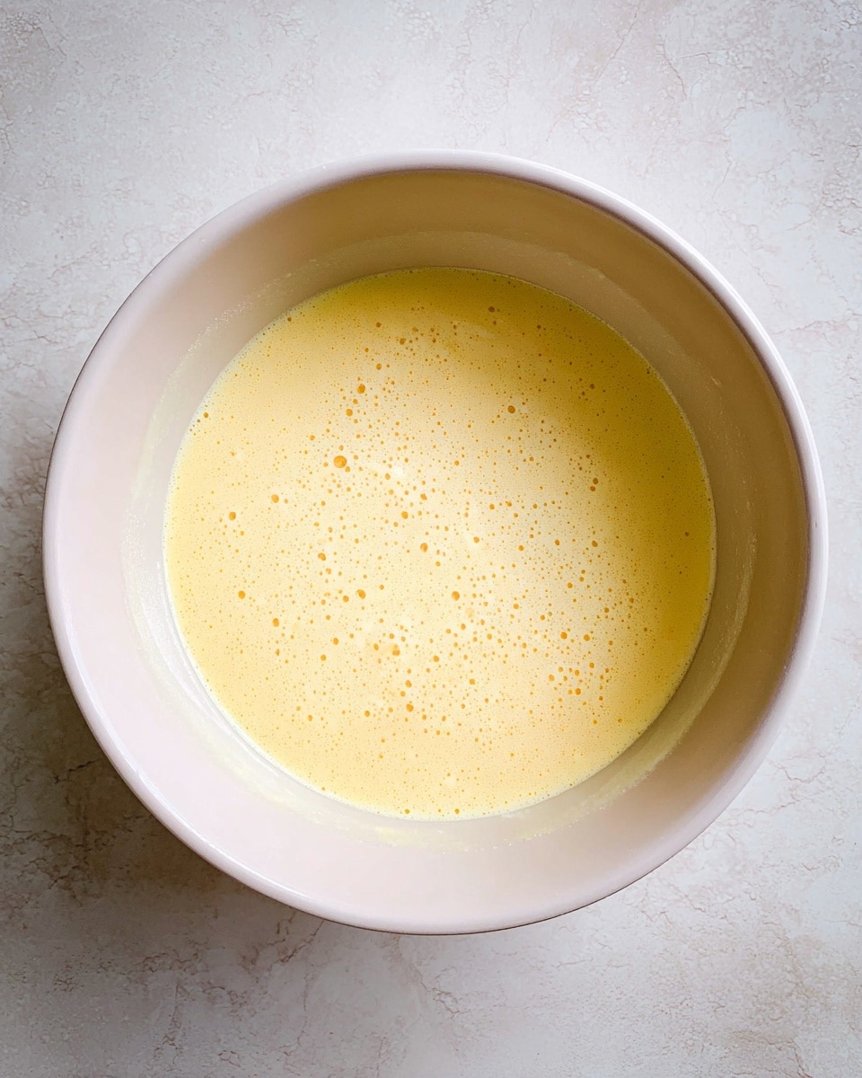 A round white bowl filled with one layer of light yellow, smooth, and slightly frothy liquid mixture. The bowl is placed on a white marbled surface, and the texture of the liquid shows tiny bubbles scattered evenly across the surface. The inside of the bowl has a soft matte finish with some faint shadowing on the right side. Photo taken with an iphone --ar 4:5 --v 7