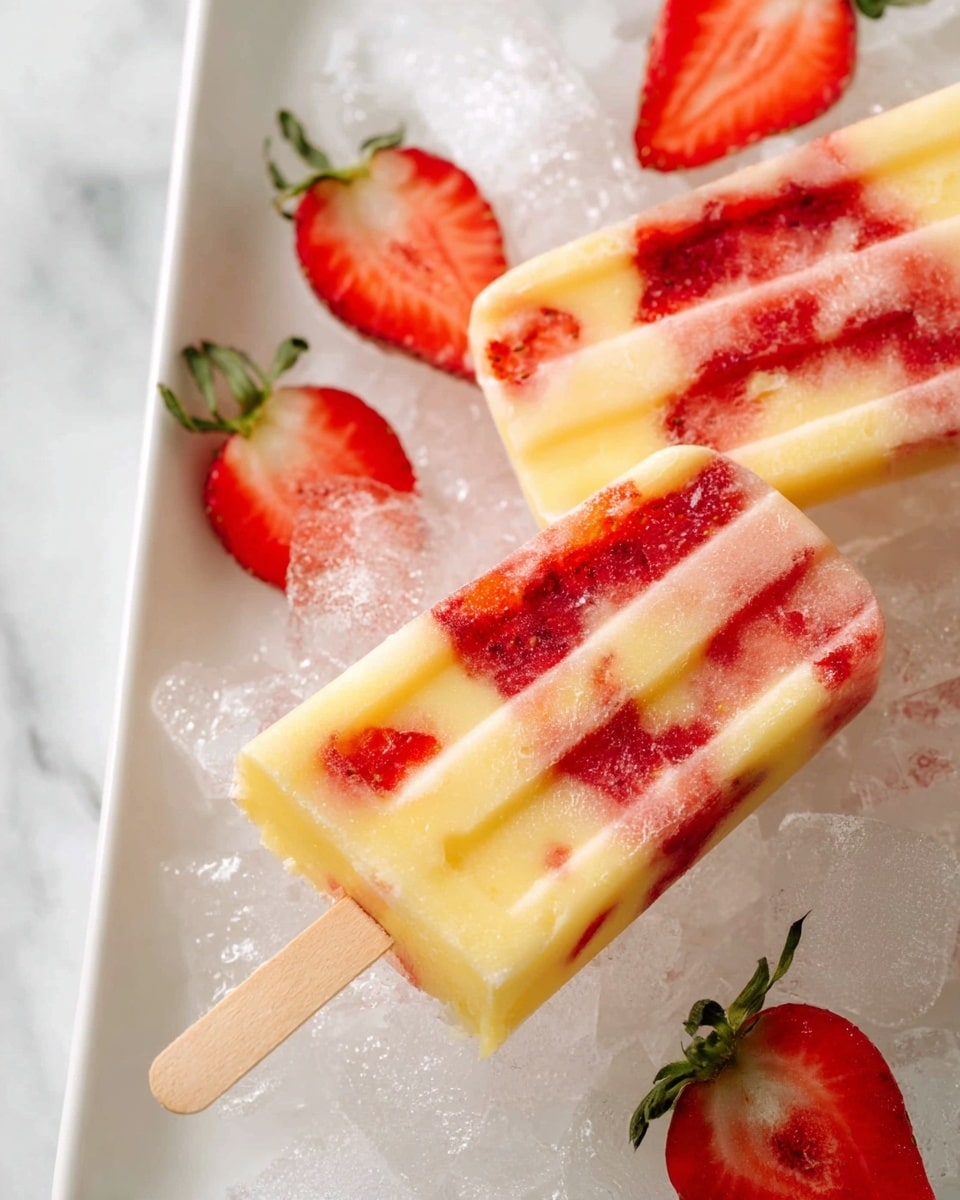 The image shows two popsicles lying on a bed of ice in a white dish with a white marbled surface. Each popsicle has three main vertical color layers: pale yellow creamy cream in the middle, bright red strawberry pieces embedded mostly on the edges and some softer white sections blending the yellow and red. Surrounding the popsicles are fresh strawberry halves with bright red skin and light pink interiors, some with green leafy tops attached. The ice is translucent and jagged, adding texture around the popsicles and strawberries. The scene has a fresh and cool feel. photo taken with an iphone --ar 4:5 --v 7