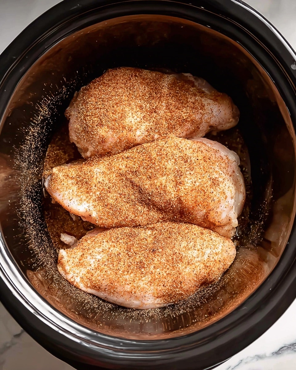 There are three pieces of raw chicken placed inside a round slow cooker with a dark inside. Each piece is covered evenly with a layer of orange-brown seasoning powder, giving the chicken a speckled texture on top. The chicken pieces are arranged so that two are side by side at the bottom while the third rests on top, slightly overlapping the other two. The slow cooker is on a surface with a white marbled texture. photo taken with an iphone --ar 4:5 --v 7