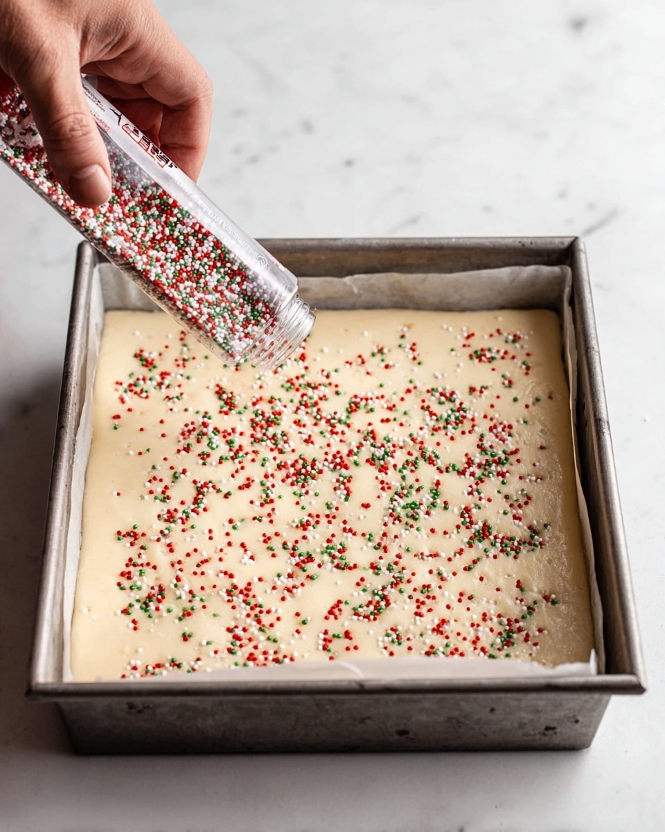 Several square pieces of creamy white fudge with a smooth texture are arranged on a white marbled surface. Each piece is decorated on top with small red, green, and white round sprinkles scattered evenly. The fudge appears thick, solid, and uniform in color, with no visible layers. In the top left corner, there is a small green pine branch for decoration. The overall look is festive and clean with bright colors standing out against the white marble. photo taken with an iphone --ar 4:5 --v 7